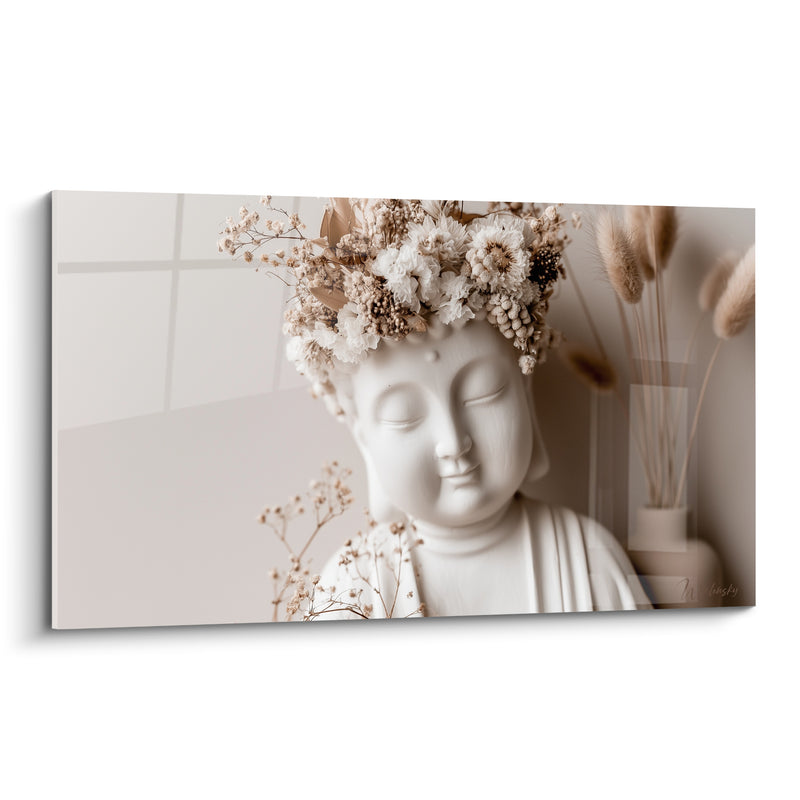 Tableau Statue blanche couronnée de fleurs séchées - Quiétude florale - Edition Bouddha