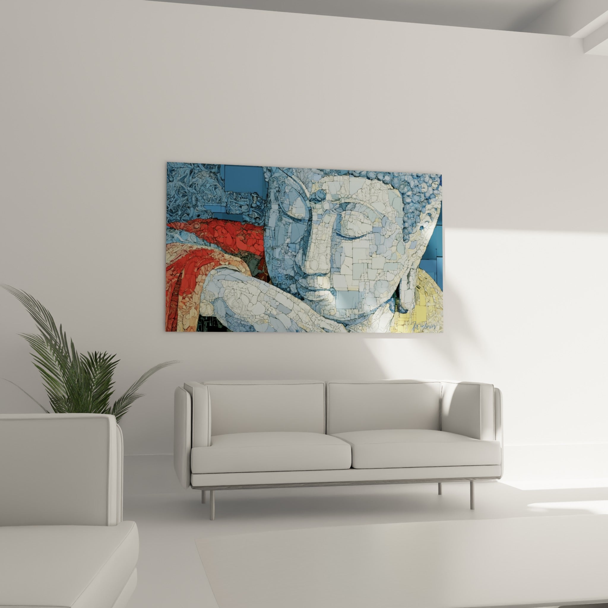 Visage de Bouddha aux teintes bleu marine et rouge accroché au-dessus d'un canapé dans un salon lumineux
