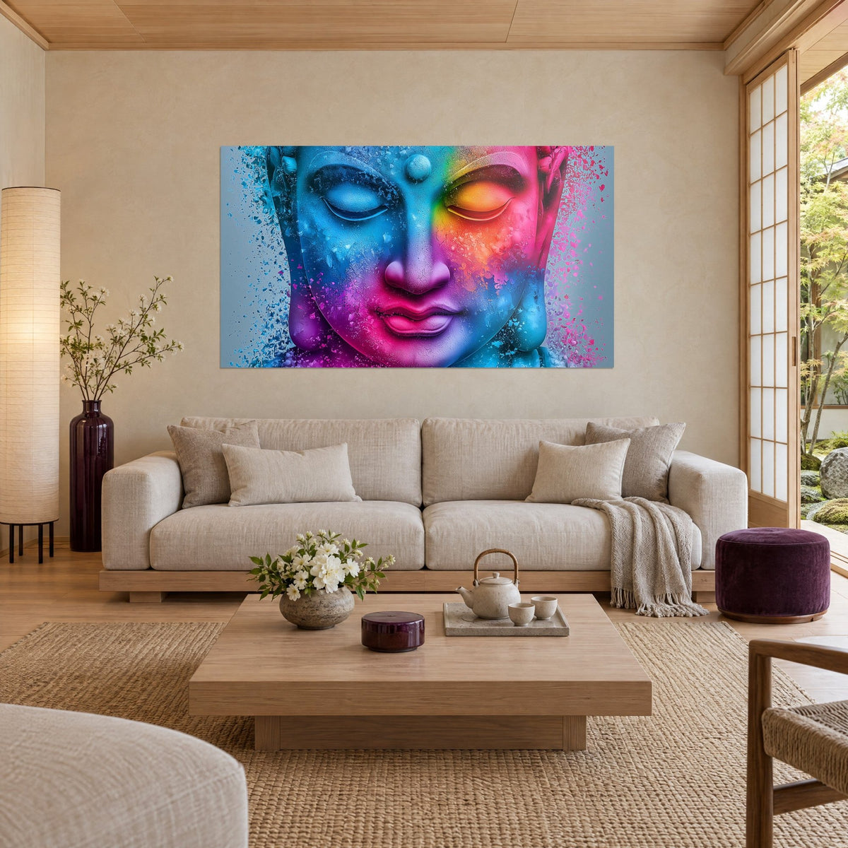 Quadro volto del Buddha metà blu, metà arcobaleno, palpebre chiuse, bagliori rosa, sopra un divano in un soggiorno luminoso