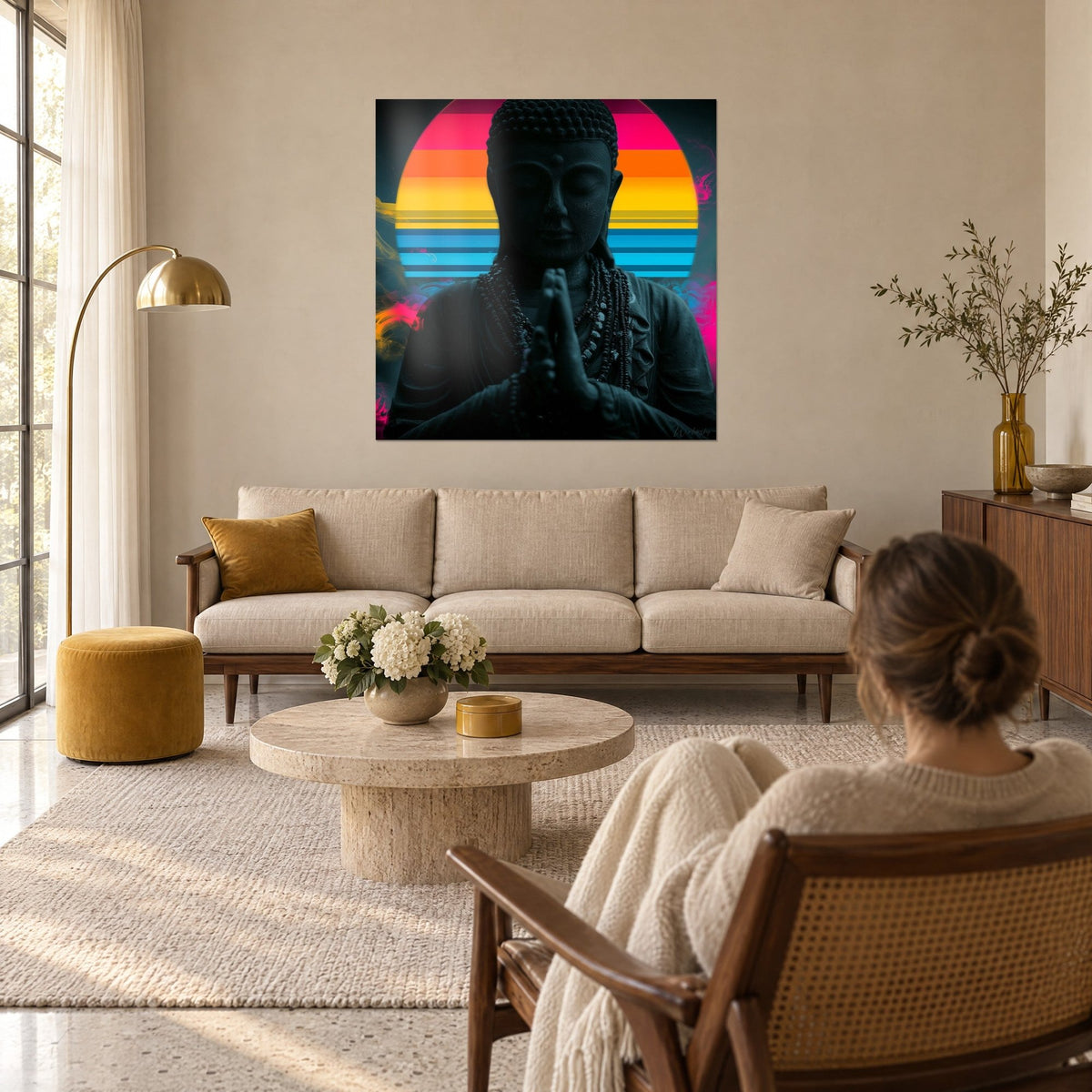 Tableau statue de Bouddha anthracite devant un soleil rose et orange, accroché au-dessus d'un canapé dans un salon lumineux