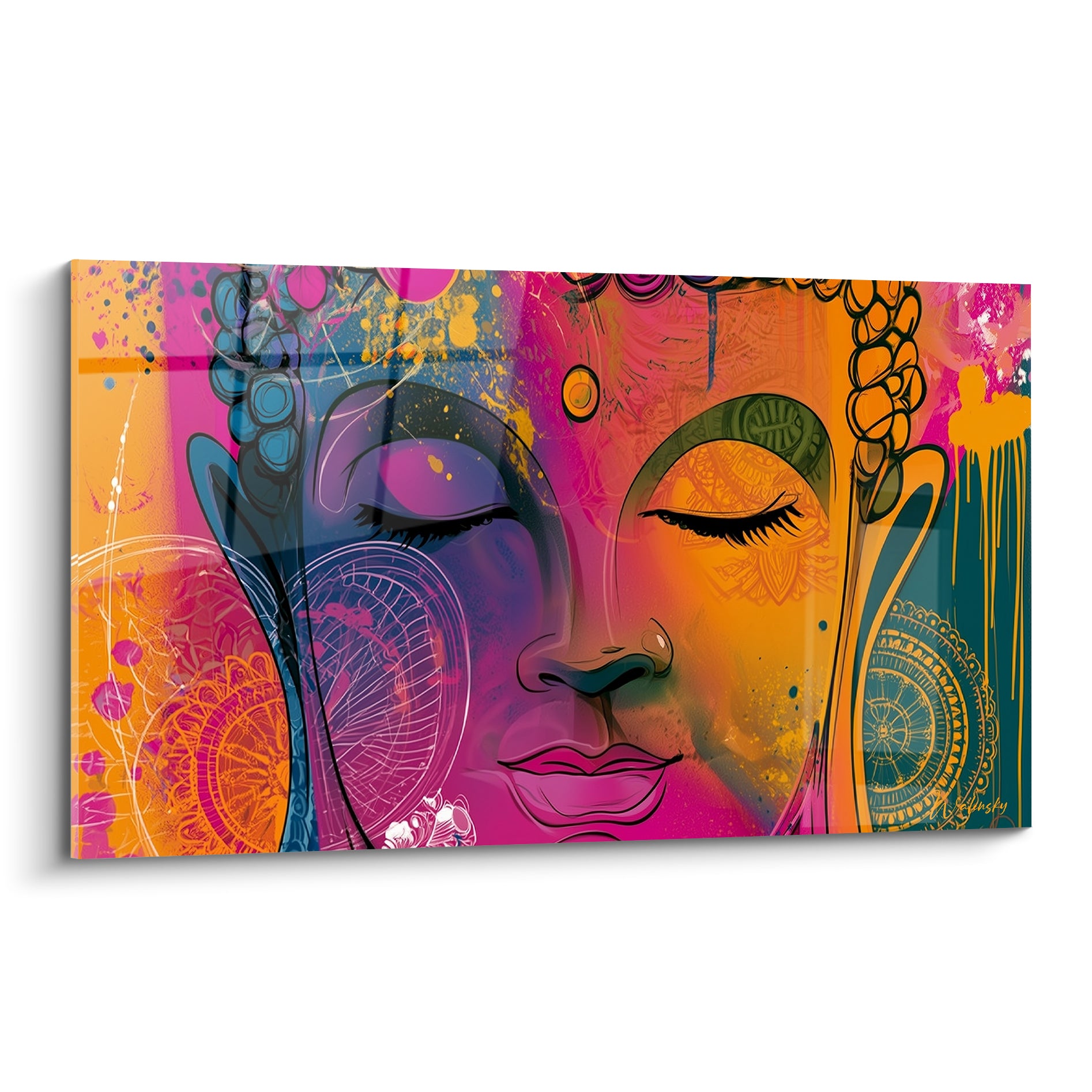 Visage de Bouddha aux yeux clos, fuchsia et safran, style graphique avec éclaboussures dorées