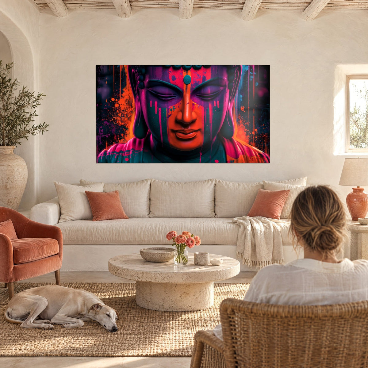 Quadro volto del Buddha in arancio e fucsia con colature verticali, punto turchese sulla fronte, sopra un divano in un soggiorno luminoso