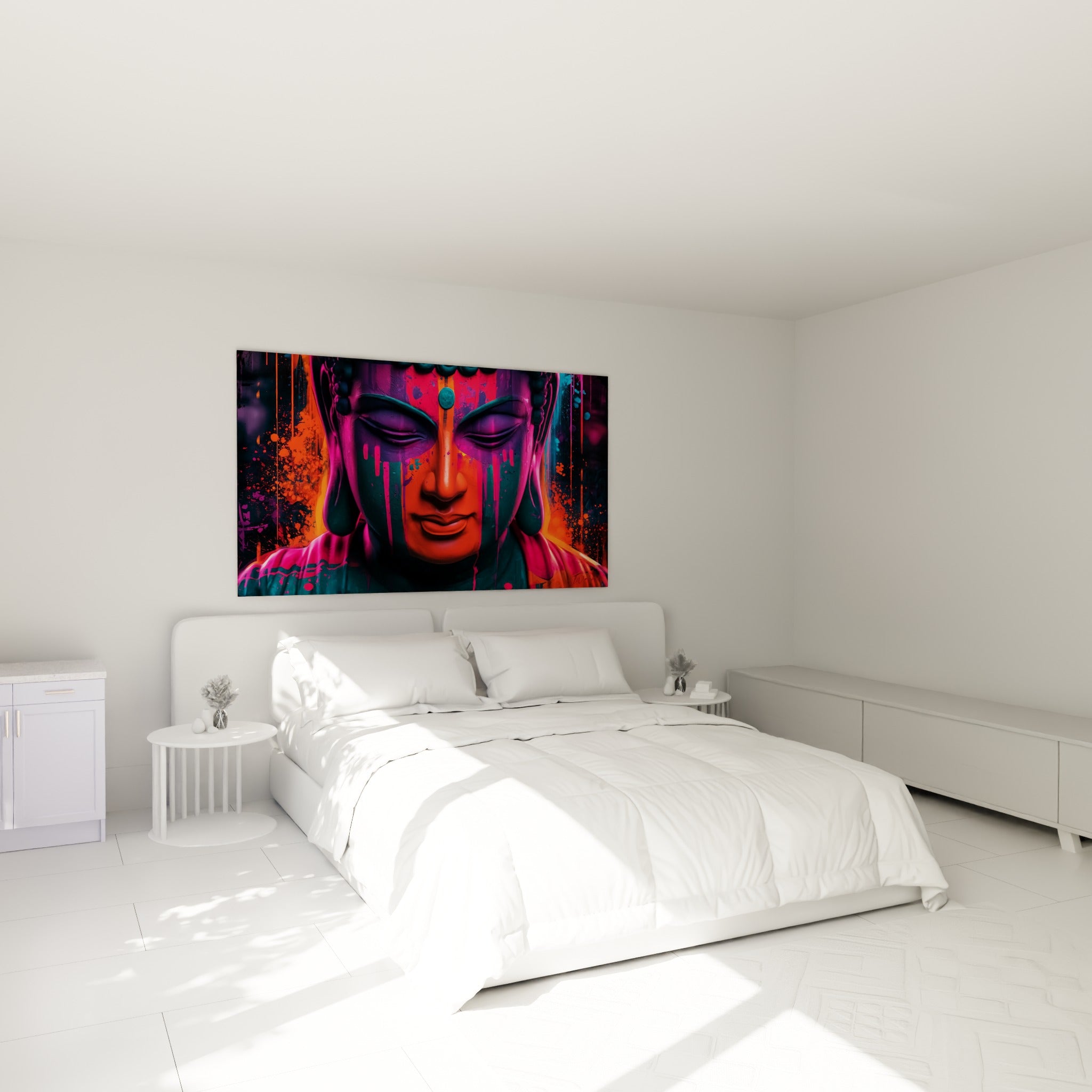 Visage de Bouddha orange et fuchsia méditatif, accroché au-dessus d'un lit dans une chambre claire