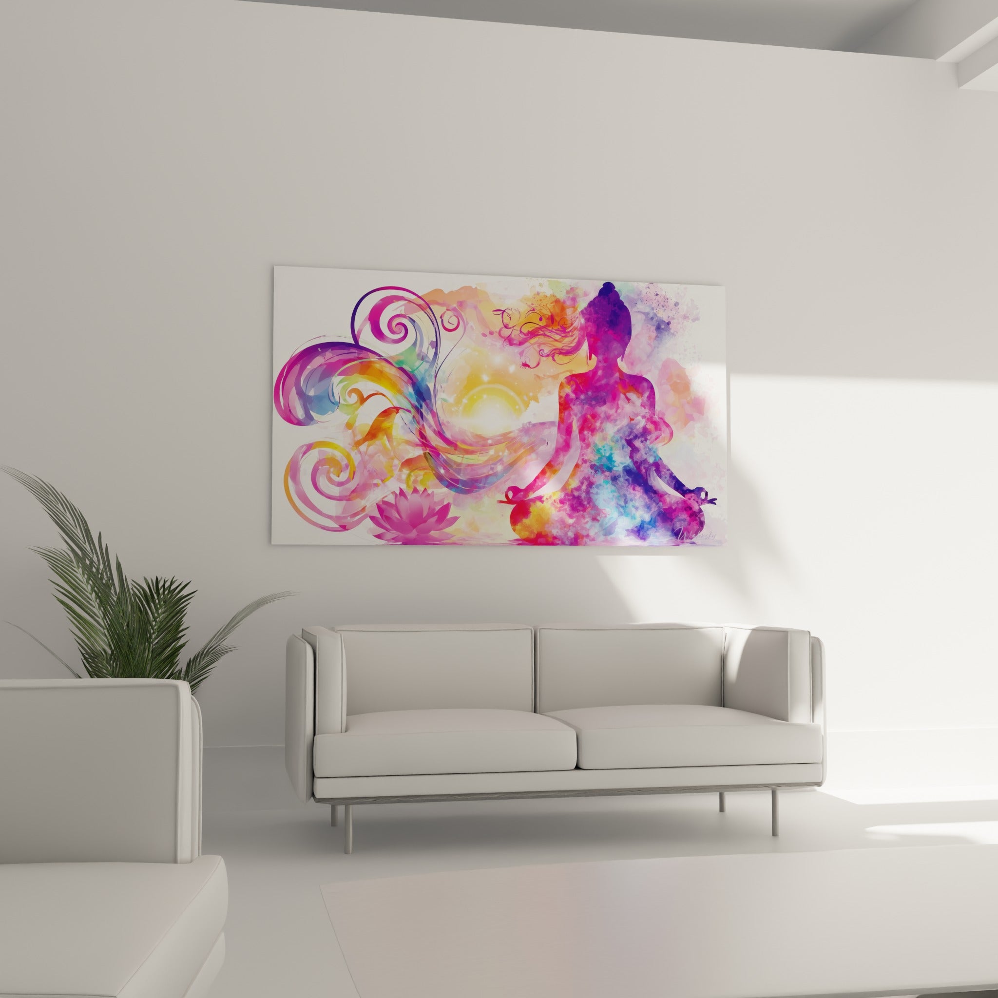Bouddha violet et doré en posture de lotus, suspendu au-dessus d'un canapé dans un salon lumineux