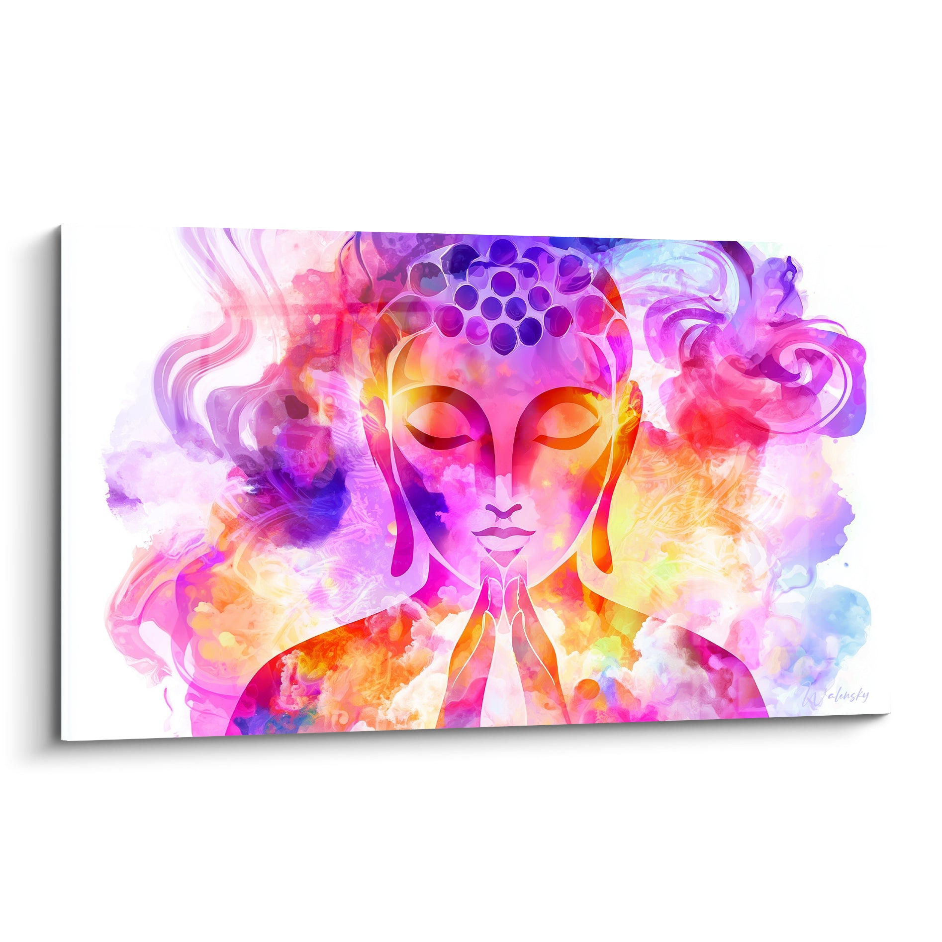 Bouddha en prière aux couleurs fuchsia et violettes, mains jointes, style aquarelle vibrante