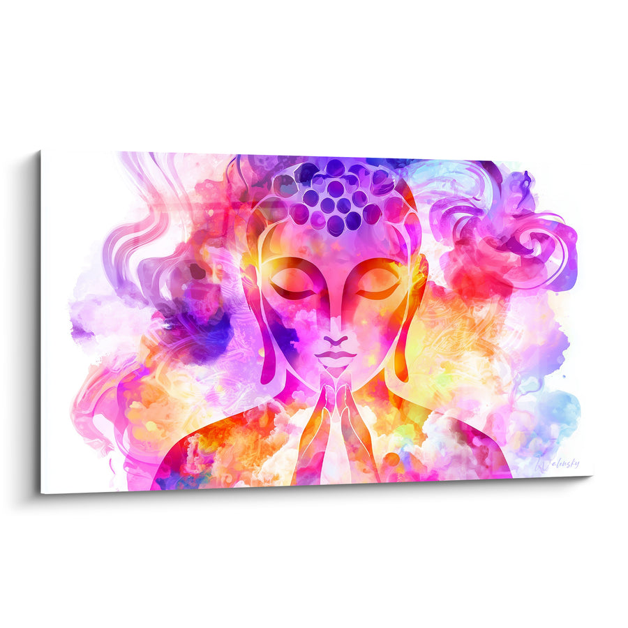 Tableau Visage orange et violet aux mains jointes - Coiffe perlée en cercles - Edition Bouddha