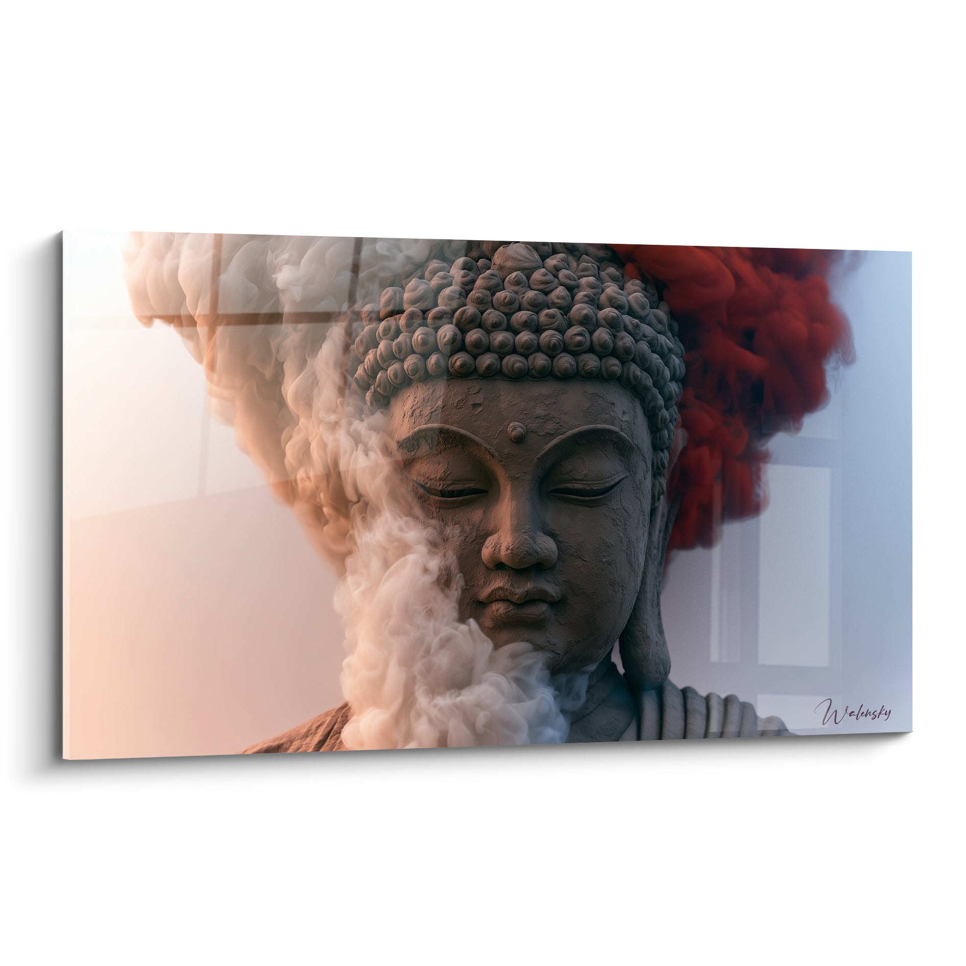 Bouddha au visage gris, paupières closes, entouré de fumée blanche et rouge sombre