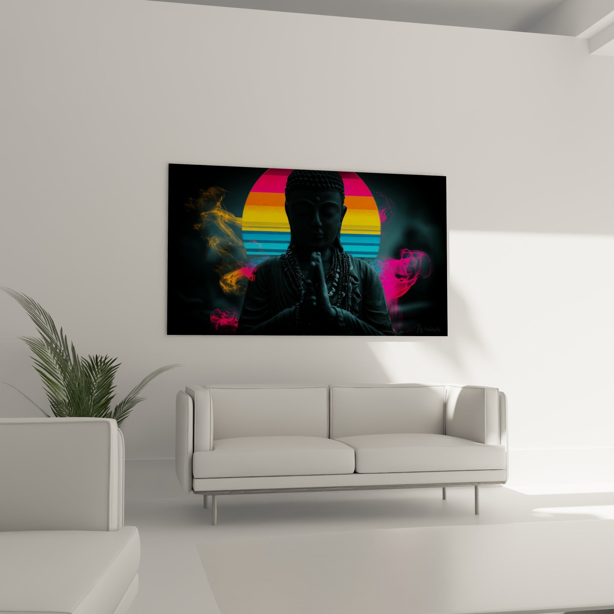 Statue de Bouddha sombre entourée de fumée dorée et rose, au-dessus d'un canapé dans un salon lumineux