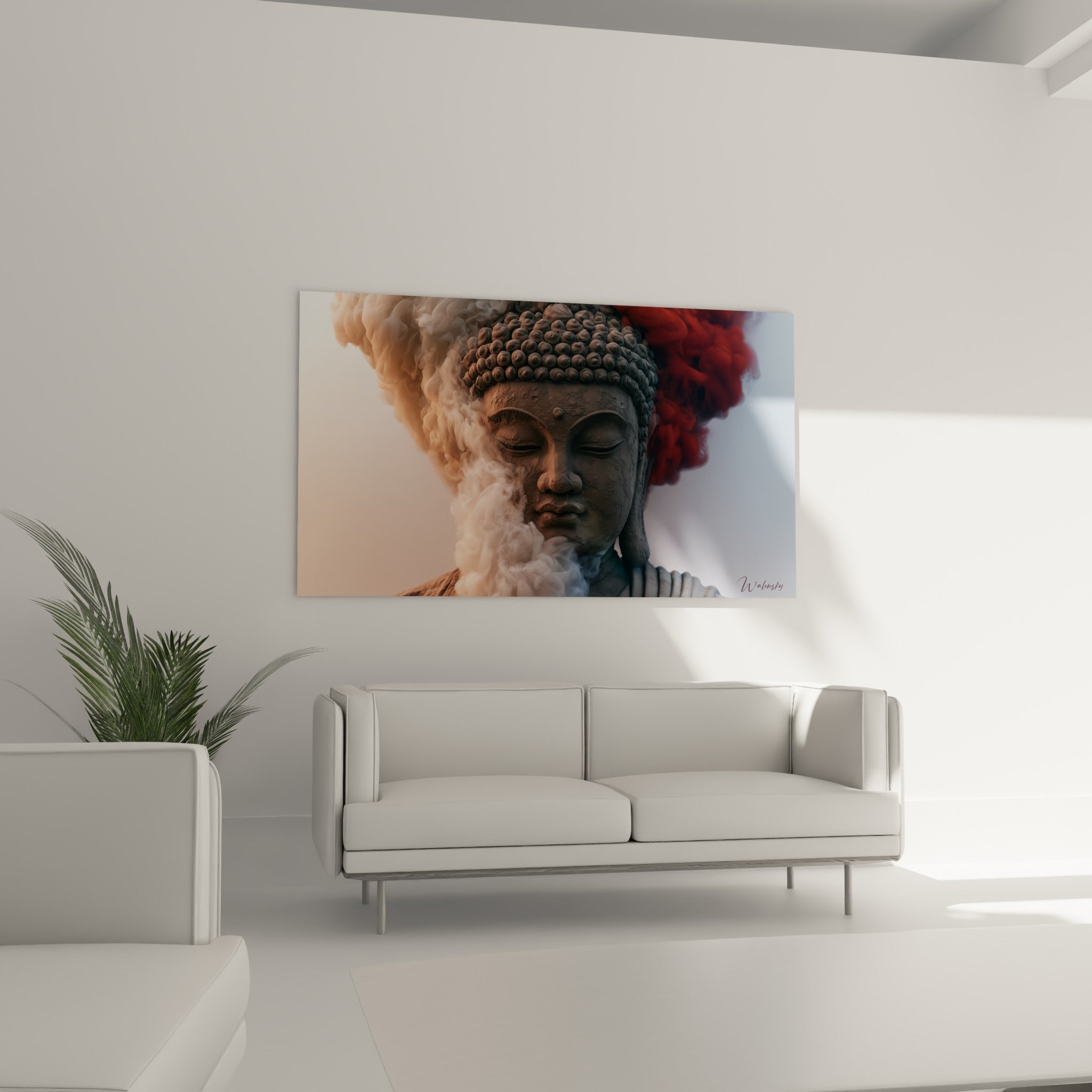 Visage de Bouddha serein aux teintes brunes et fumée rouge, au-dessus d'un canapé dans un salon lumineux