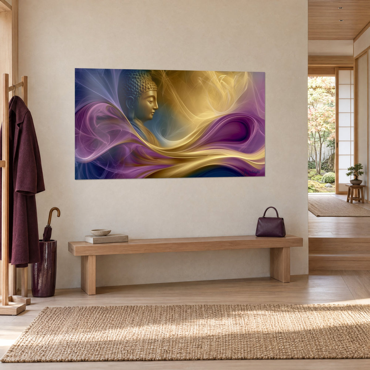 Cuadro sabio de cráneo azulado y perfil apacible, velas malva y amarillo miel ondulando, pared beige de un pasillo japandi
