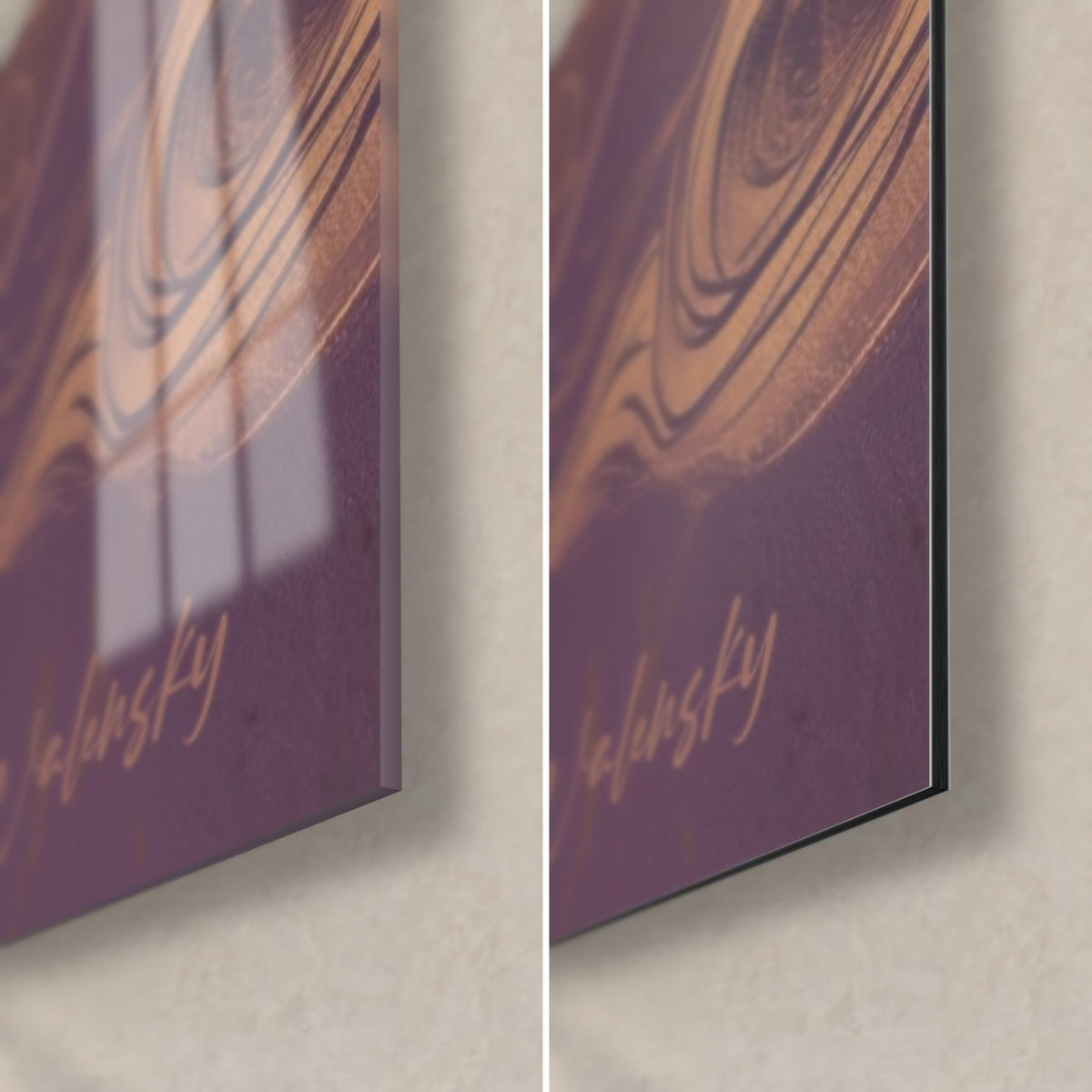 Cuadro Buda violeta, firma dorada en la esquina inferior derecha: cristal acrílico brillante con reflejos y Dibond negro mate, grosor 3 mm