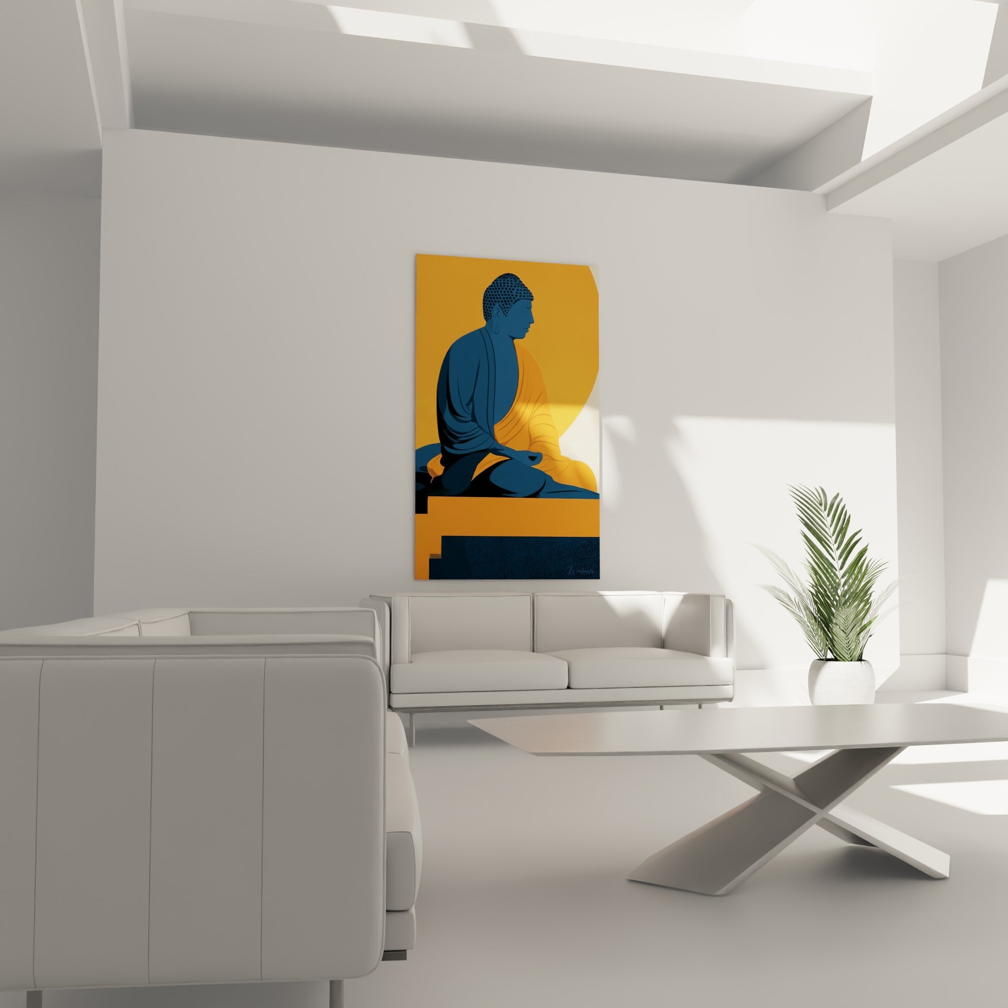 Figure méditative bleu marine sur fond orange, disposée au-dessus d'un canapé dans un salon lumineux