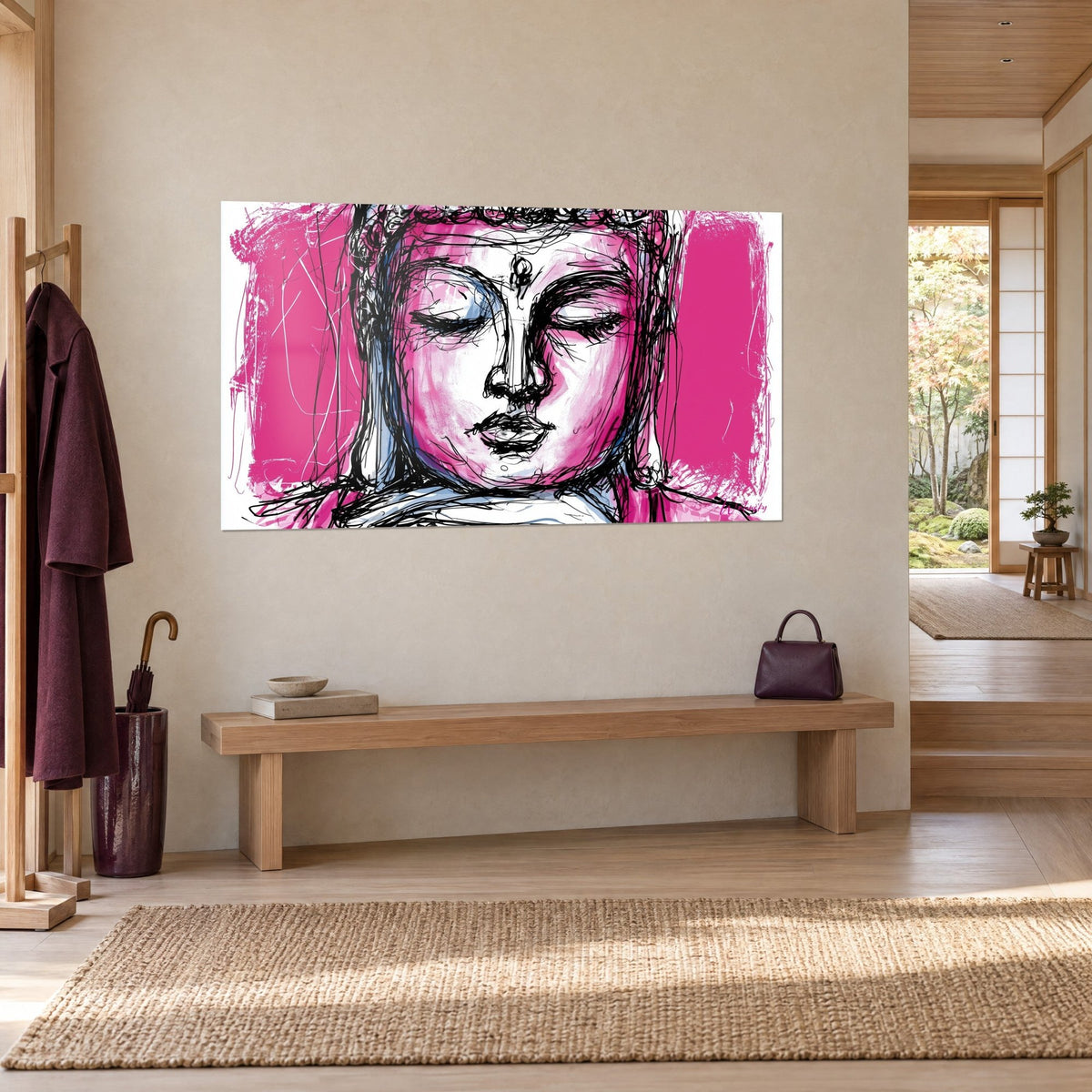 Cuadro retrato esbozado de un Buda sereno, rosa vivo y azul pálido, colgado sobre un banco de madera clara