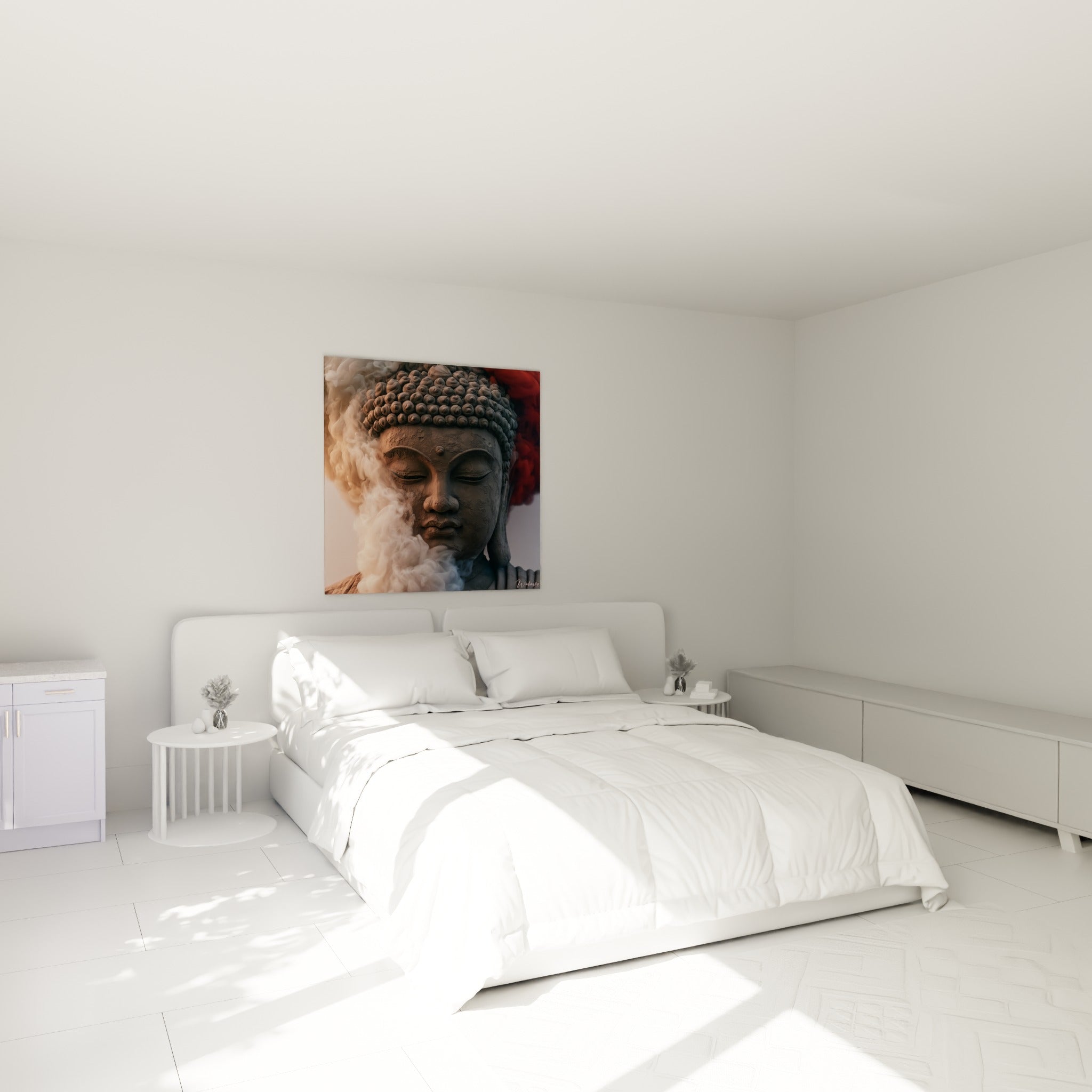 Bouddha en pierre grise et fumée vaporeuse accroché au-dessus d'un lit dans une chambre claire