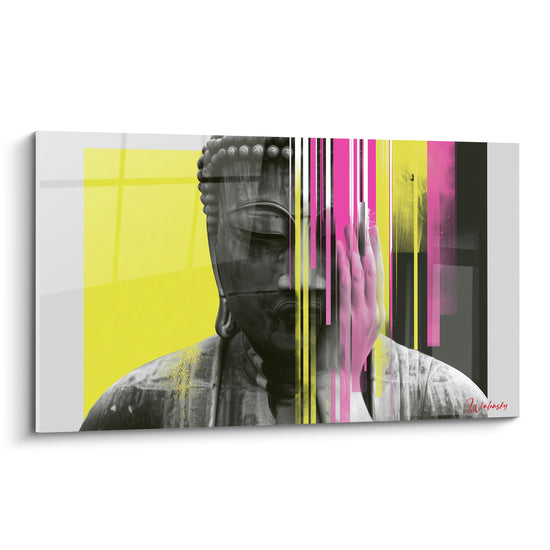 Bouddha gris et noir traversé de bandes jaune citron et rose fuchsia verticales