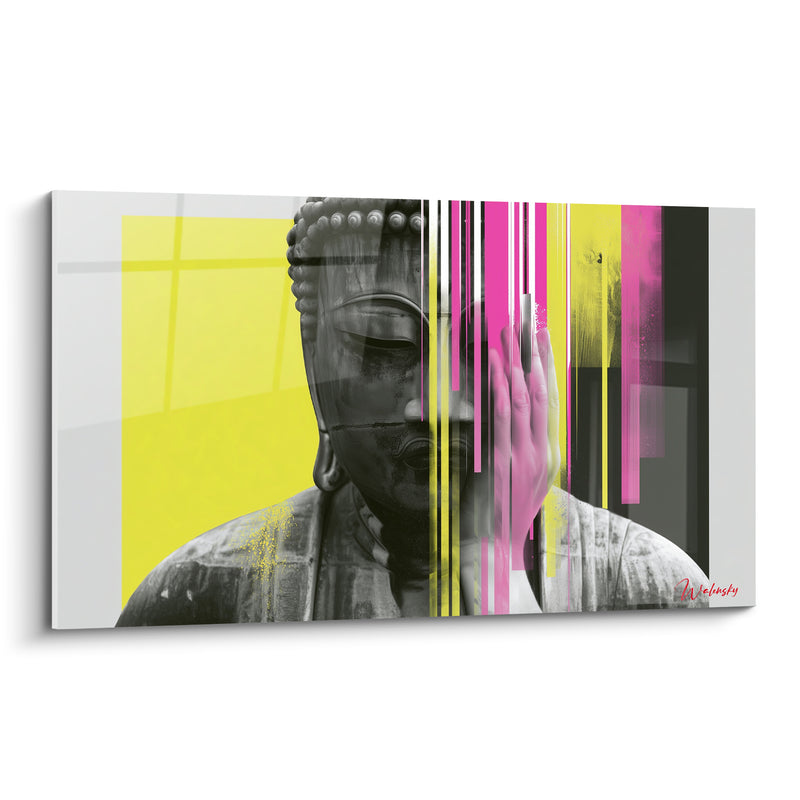 Tableau Statue grise aux bandes jaunes et roses - Éveil contemporain - Edition Bouddha