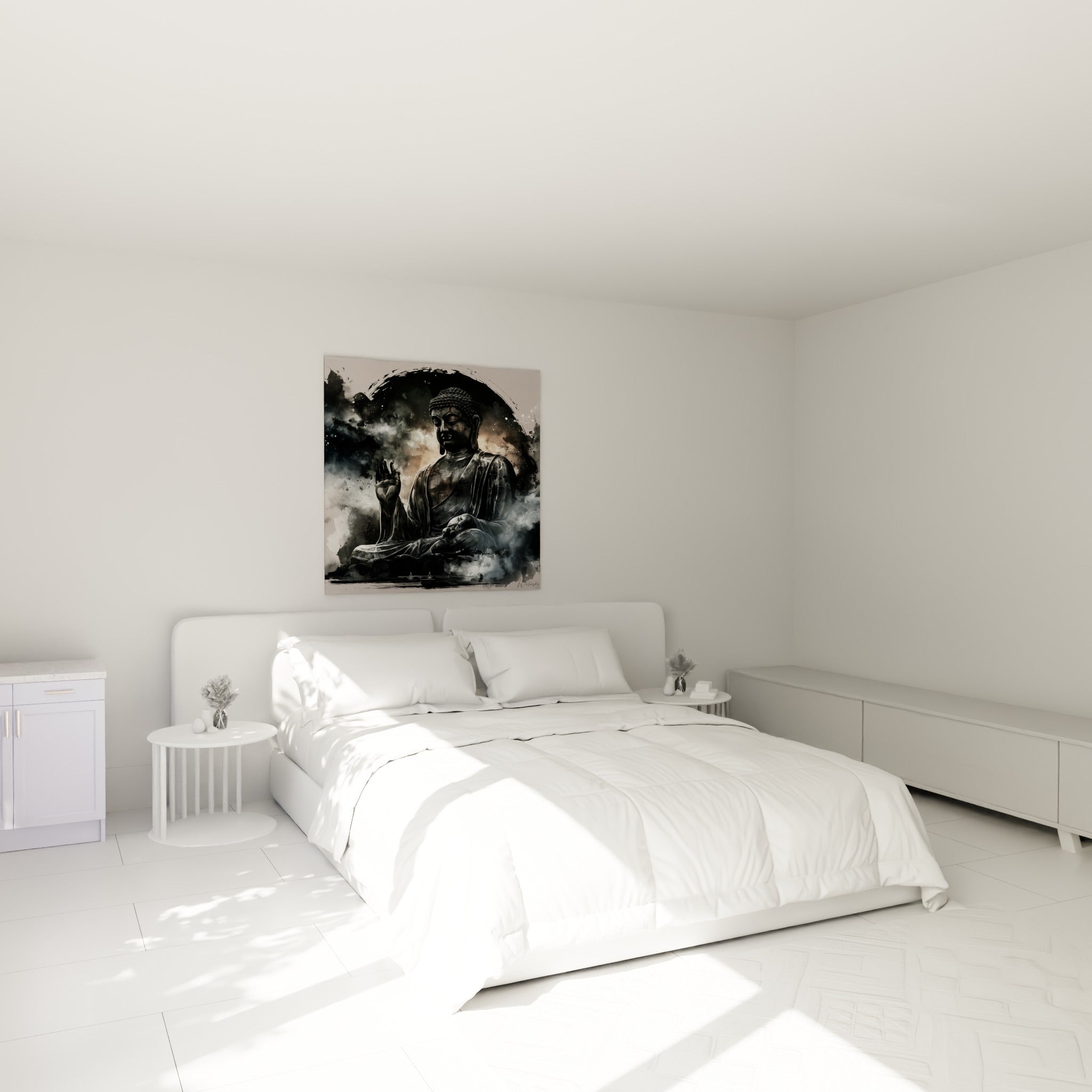 Bouddha gris perle et noir, posture assise sereine, au-dessus d'un lit dans une chambre claire