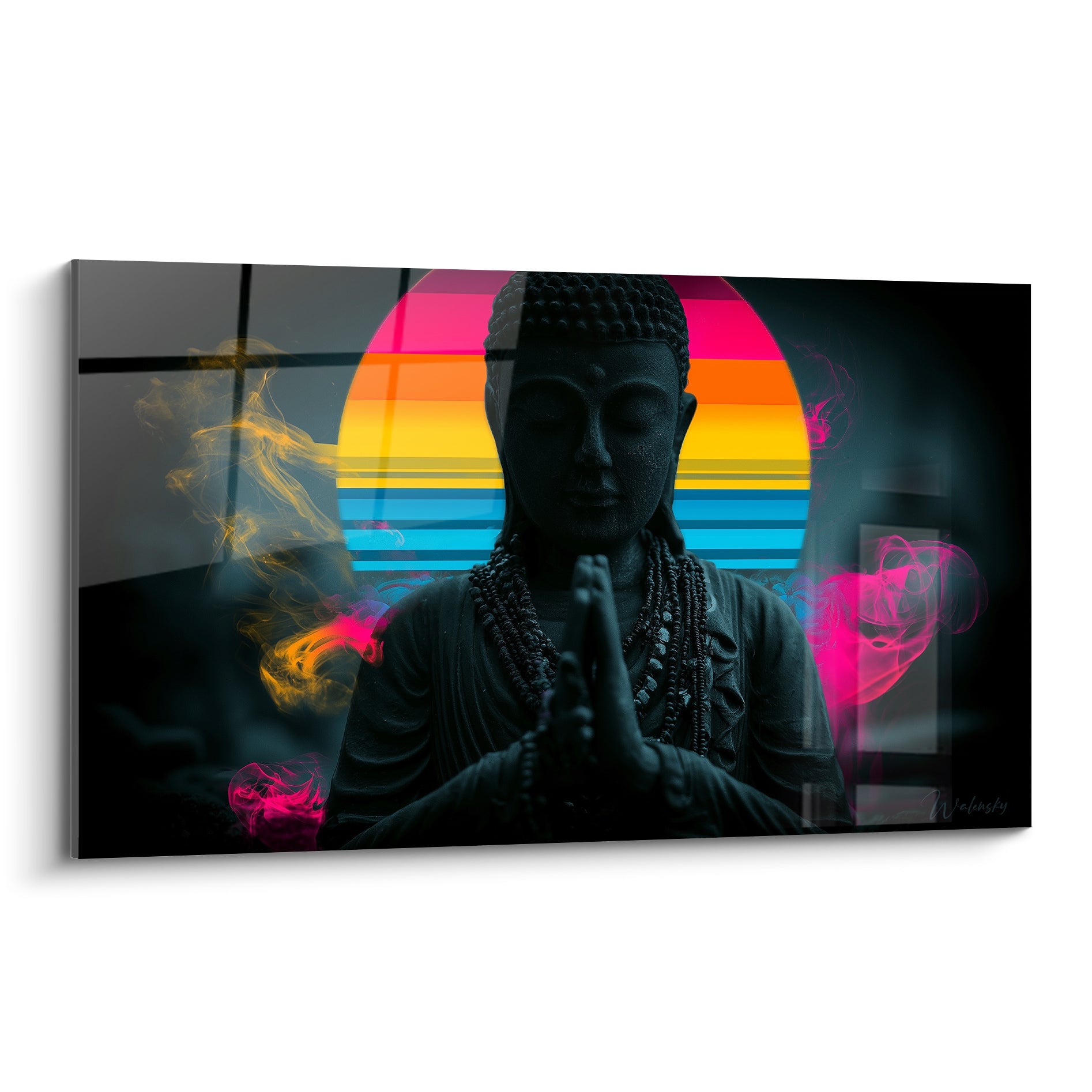 Bouddha anthracite en méditation, mains jointes devant un halo fuchsia et doré vibrant