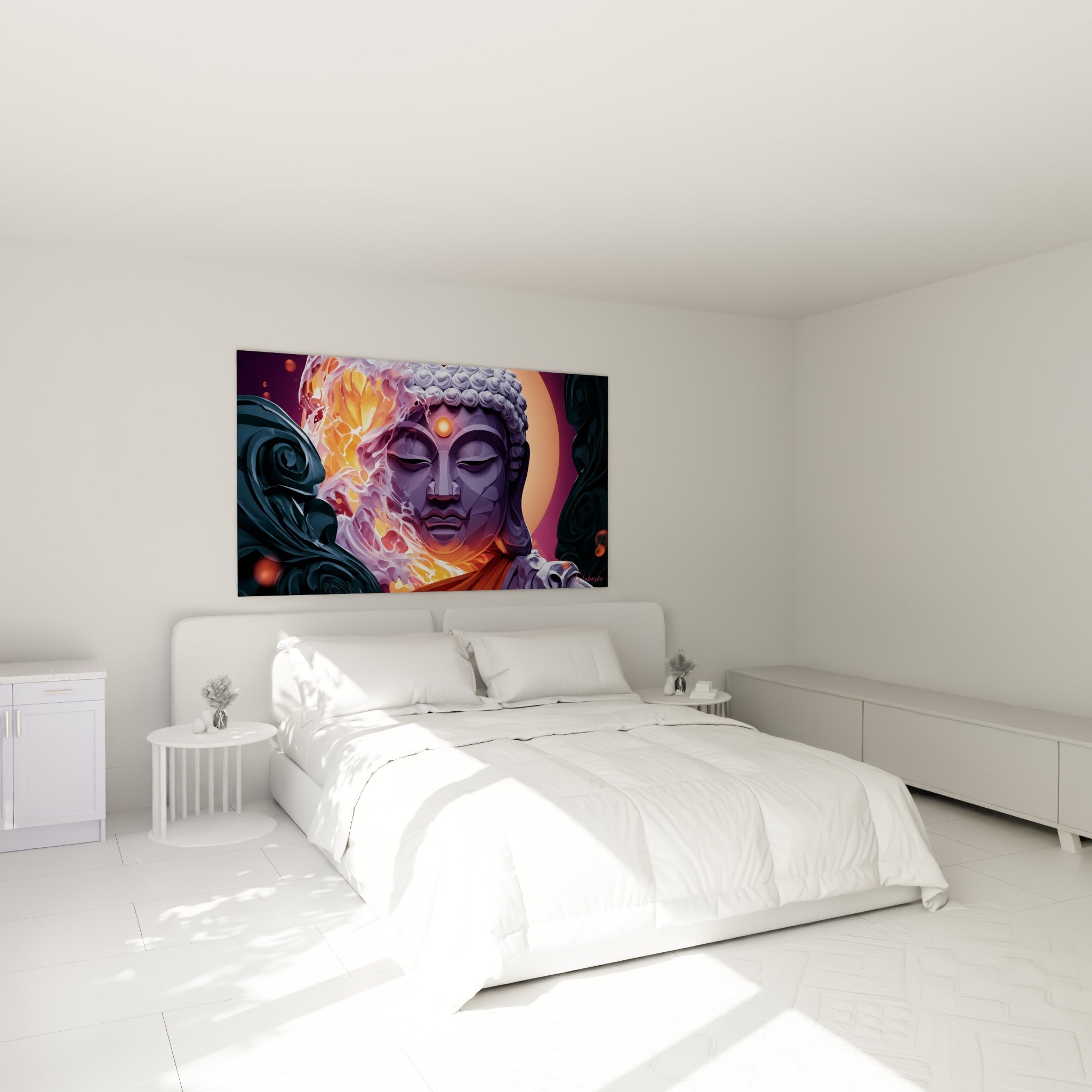 Visage serein du Bouddha, teintes violettes et flammes dorées, au-dessus d'un lit dans une chambre claire