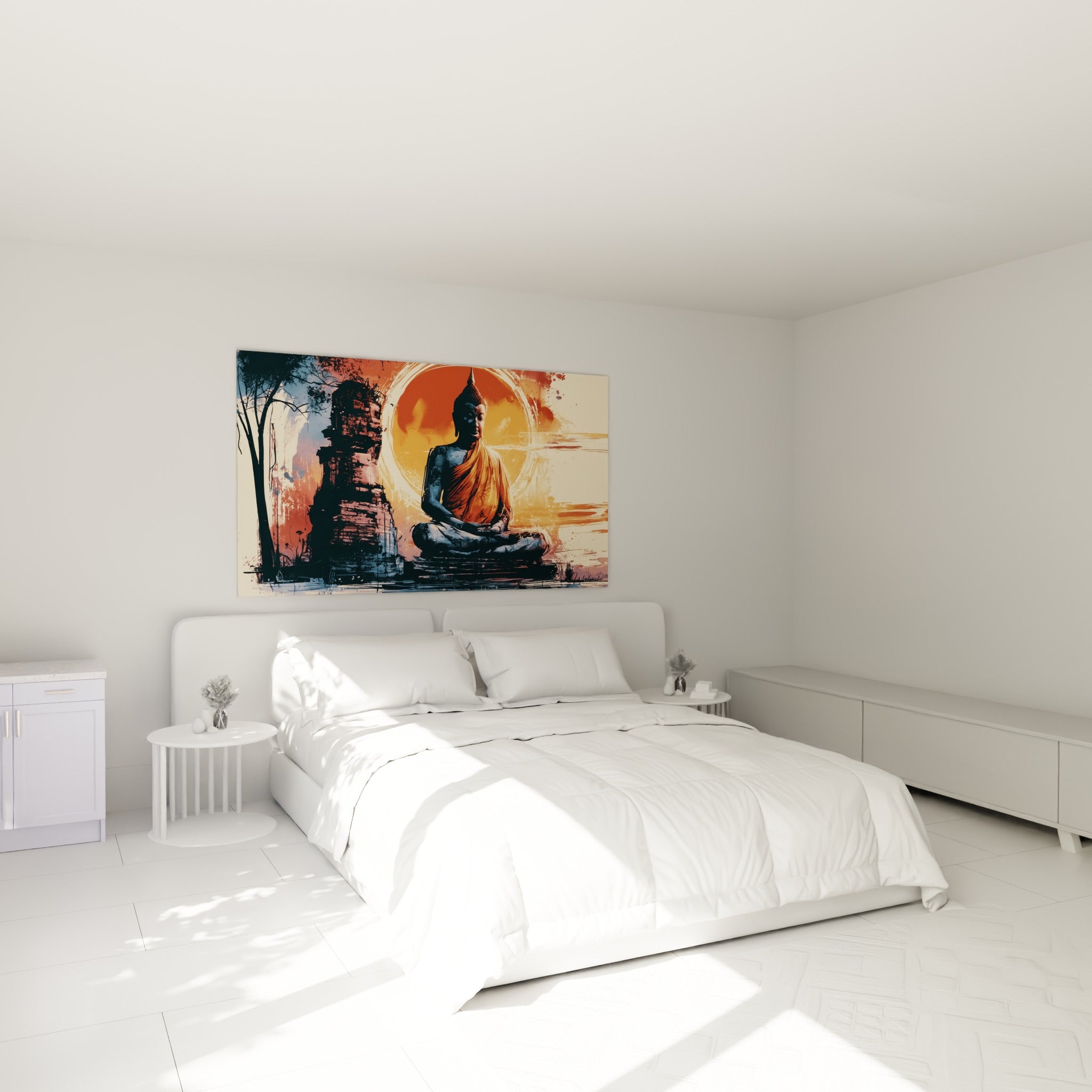 Silhouette méditative orange et anthracite du Bouddha au-dessus d'un lit dans une chambre claire