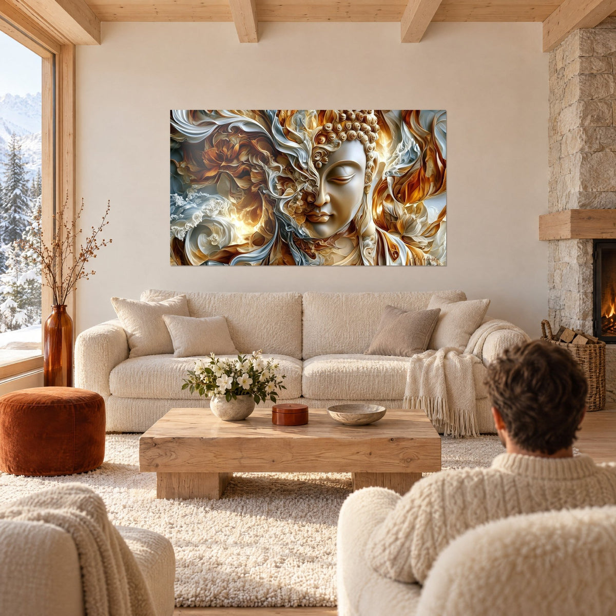 Quadro volto del Buddha in avorio e oro, volute floreali ambrate, schiuma argentata, sopra un divano in un soggiorno luminoso