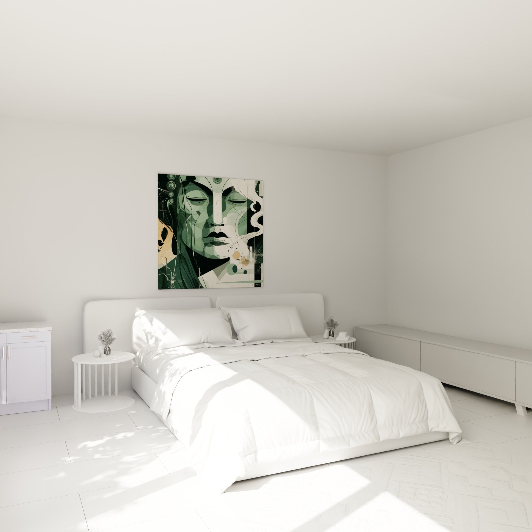 Bouddha aux yeux clos, tons vert sauge et crème, accroché au-dessus d'un lit dans une chambre claire