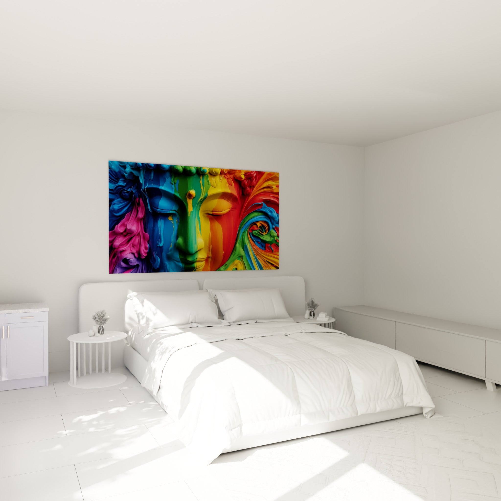Visage serein du Bouddha en dégradé jaune doré et rose fuchsia, au-dessus d'un lit dans une chambre claire