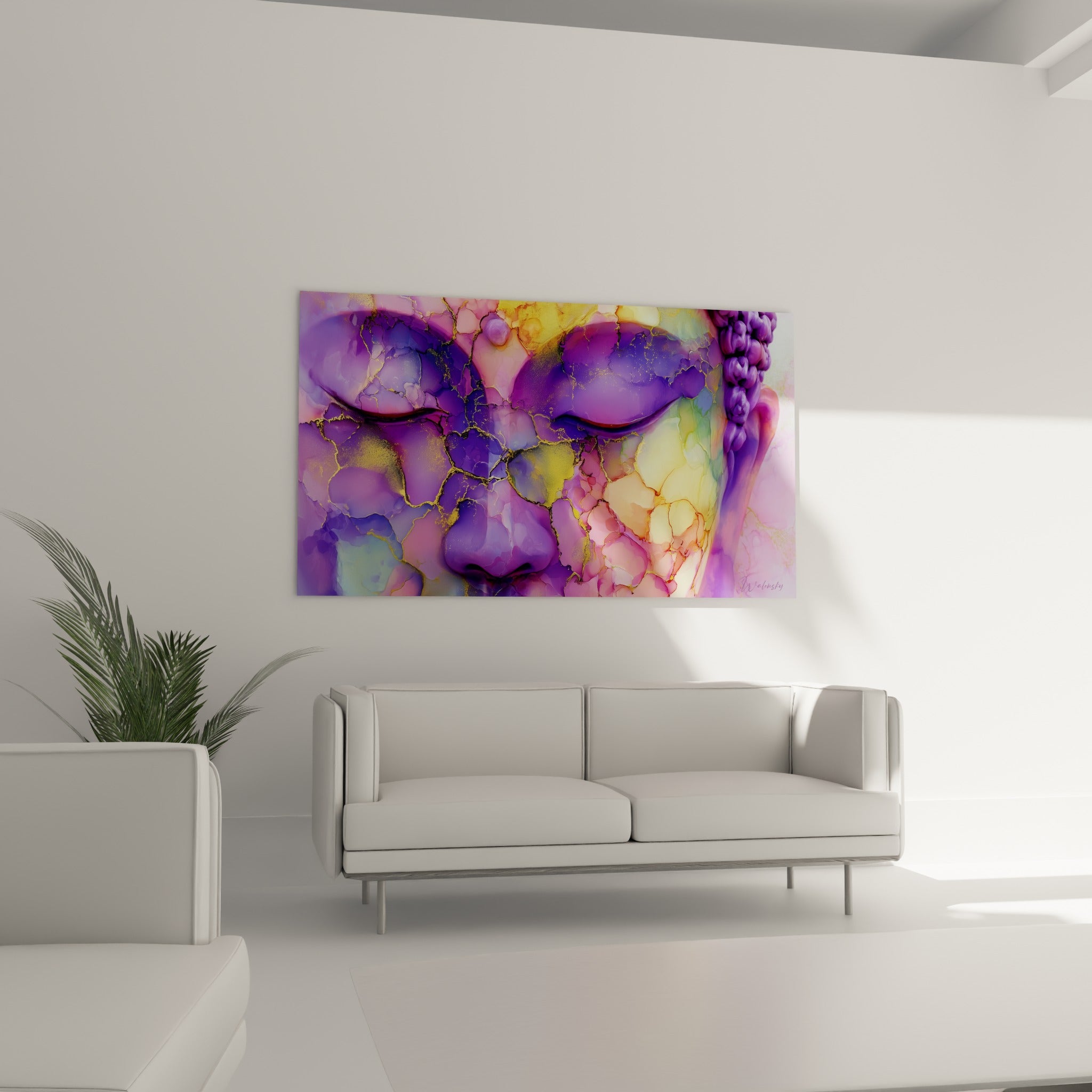 Sérénité du Bouddha en violet et jaune pâle, traits dorés fins, au-dessus d'un canapé dans un salon lumineux