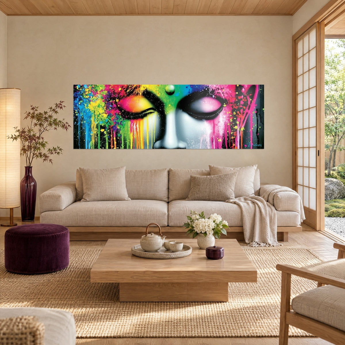 Tableau visage de Bouddha aux paupières closes, coulures vert, rose et jaune sur peau grise, au-dessus d'un canapé dans un salon lumineux