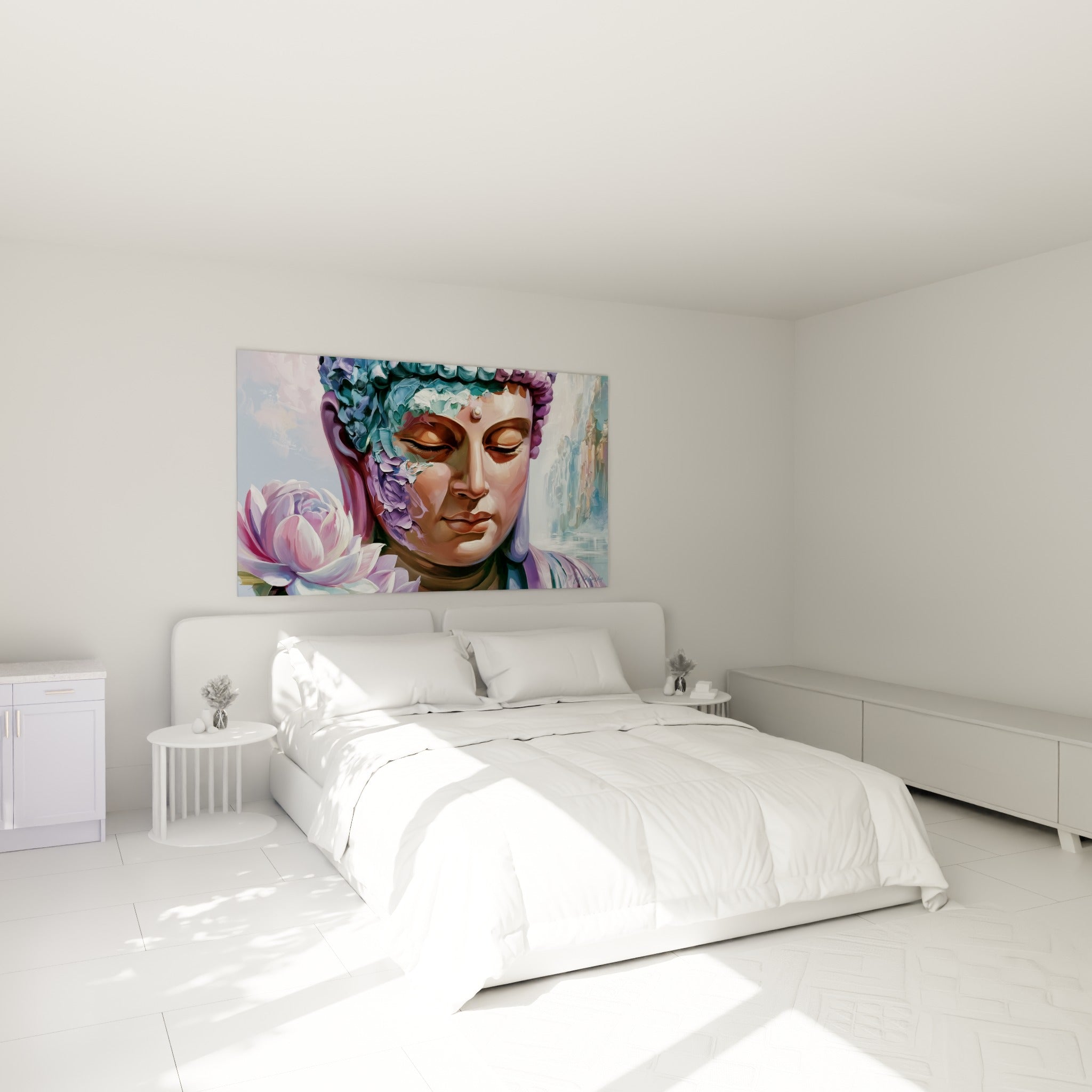Bouddha au regard baissé, coiffe turquoise et mauve, accroché au-dessus d'un lit dans une chambre claire