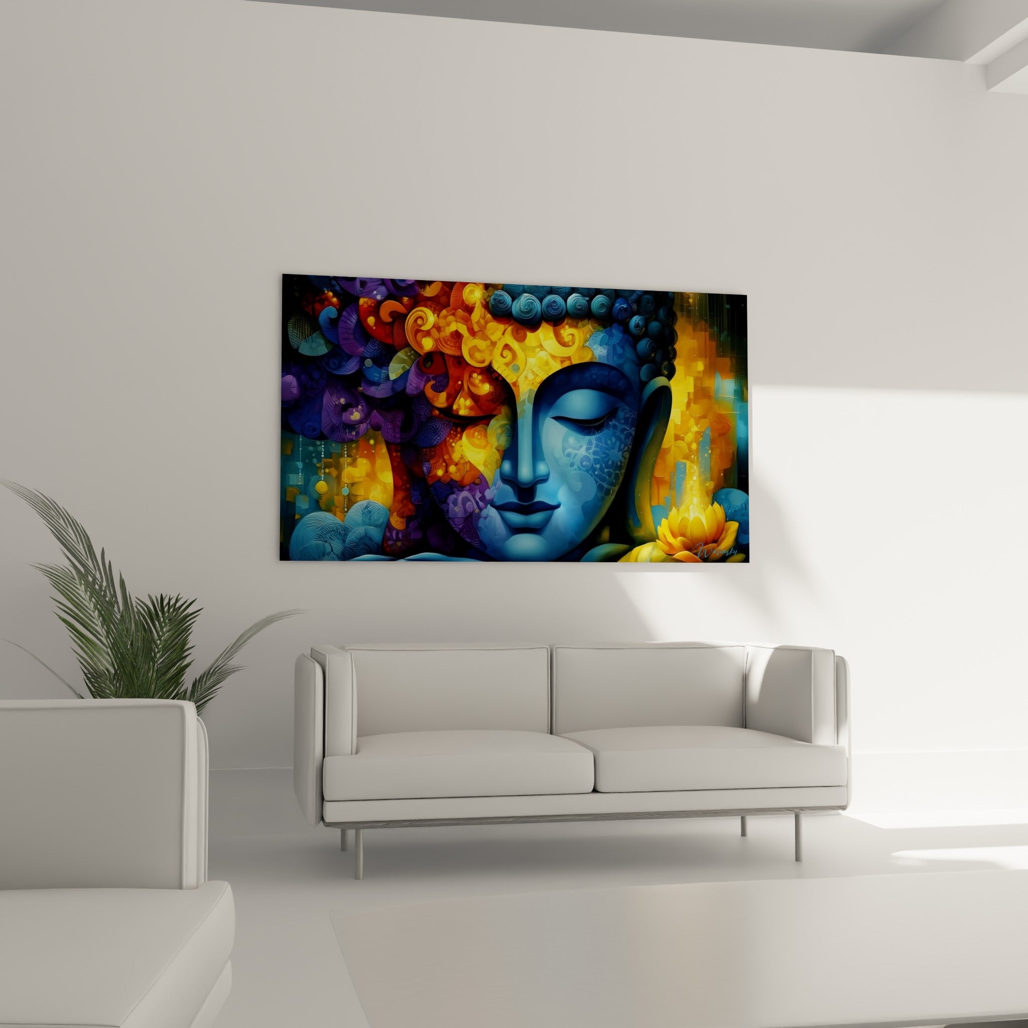 Bouddha aux tons bleus et ambrés, fleur de lotus dorée, au-dessus d'un canapé dans un salon lumineux