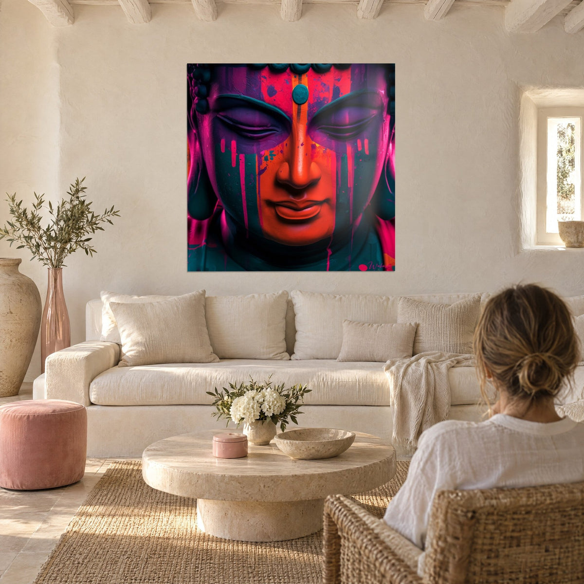 Tableau Bouddha aux paupières closes, nez orange et coulures roses sur fond turquoise, au-dessus d'un canapé dans un salon lumineux