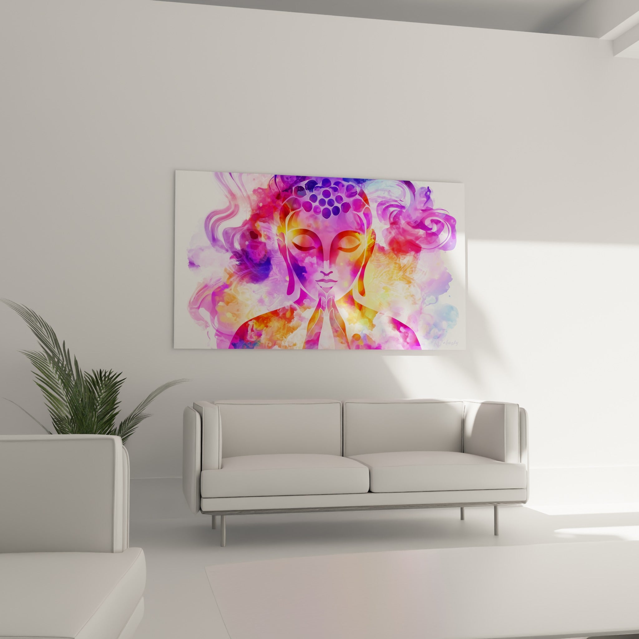 Silhouette de Bouddha orange et fuchsia mains jointes, suspendue au-dessus d'un canapé dans un salon lumineux