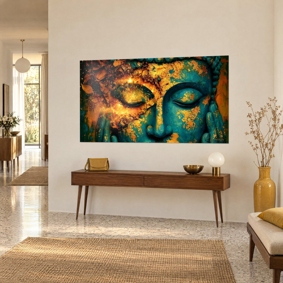 Cuadro máscara serena de párpados cerrados, piel azul verdosa y escamas de pintura dorada, sobre una consola de madera, vista de tres cuartos