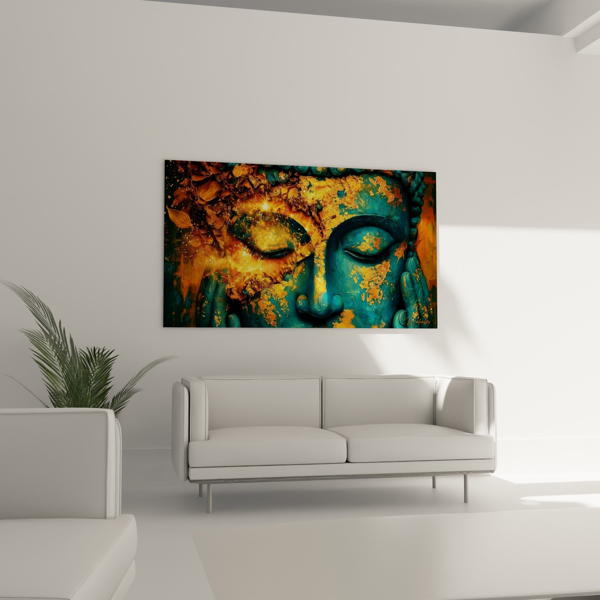 Sérénité du Bouddha bleu paon et doré, mains jointes, au-dessus d'un canapé dans un salon lumineux
