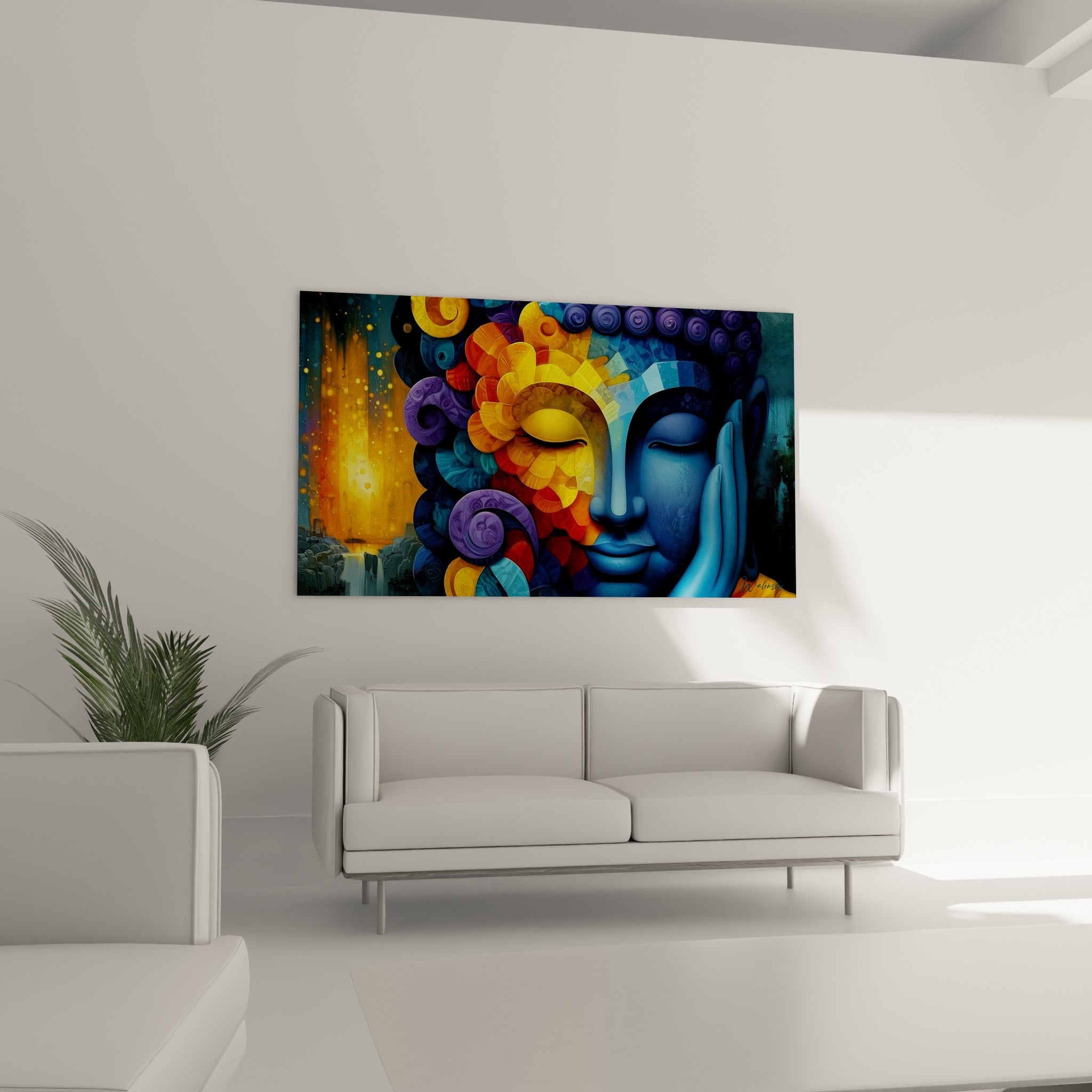 Méditation du Bouddha doré et bleu marine aux motifs floraux, au-dessus d'un canapé dans un salon lumineux