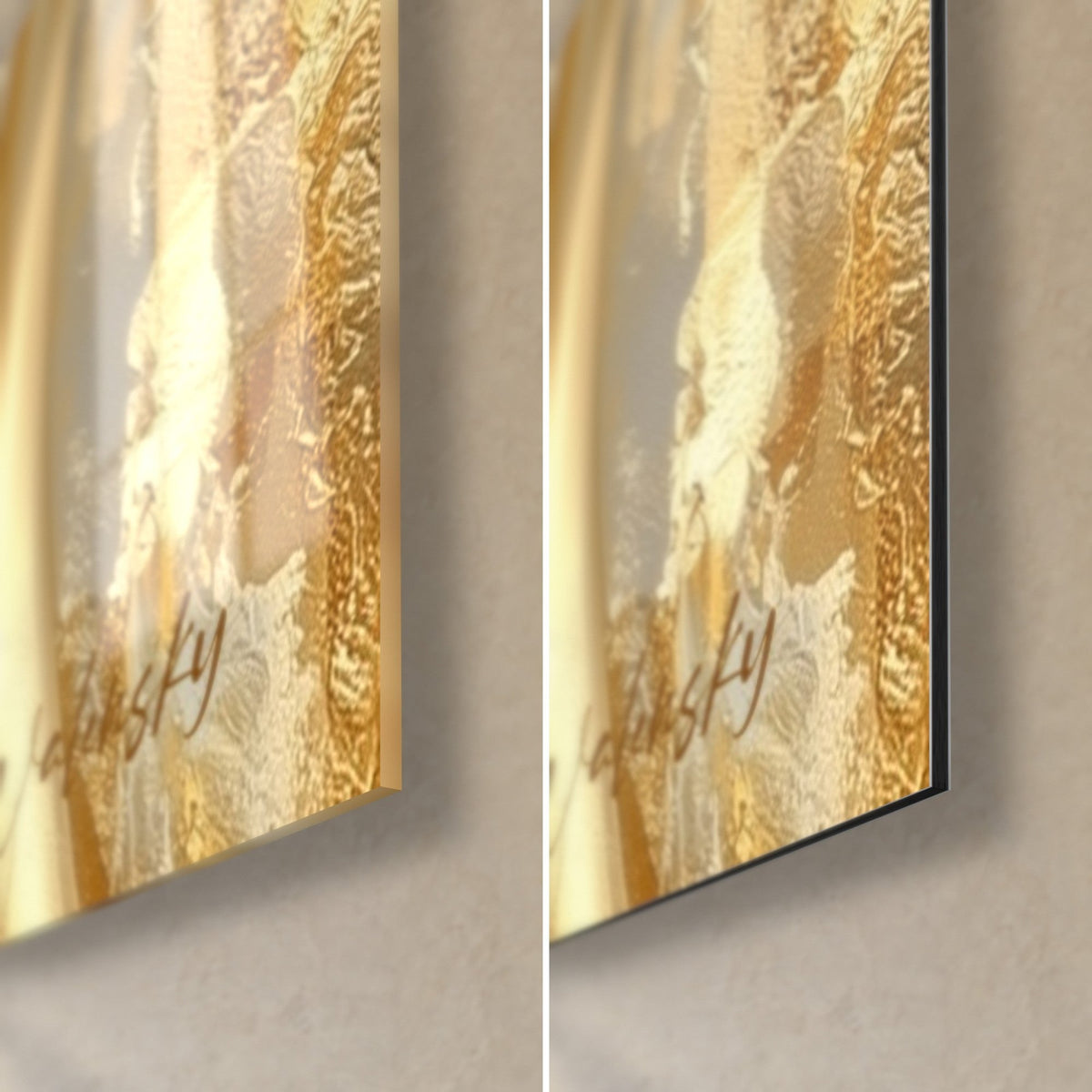 Tableau Bouddha doré, coin bas droit : verre acrylique brillant à gauche, alu Dibond mat à droite, tranche de 3 mm et signature dorée