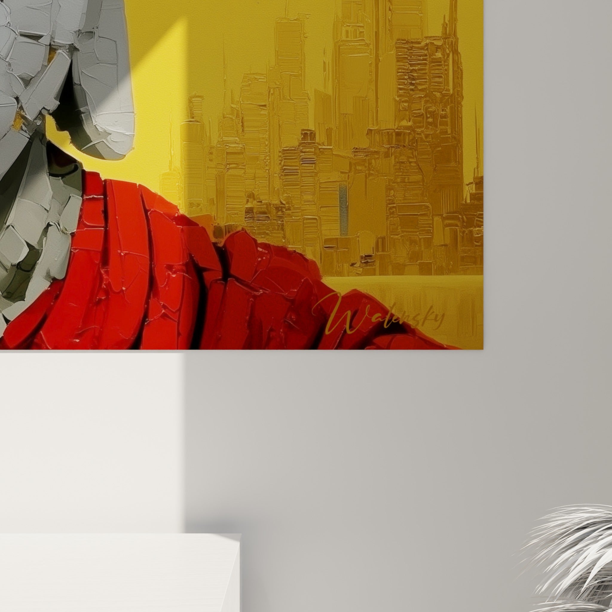 Empâtements gris et blanc du visage, éclats rouges et jaunes en gros plan sur la toile accrochée