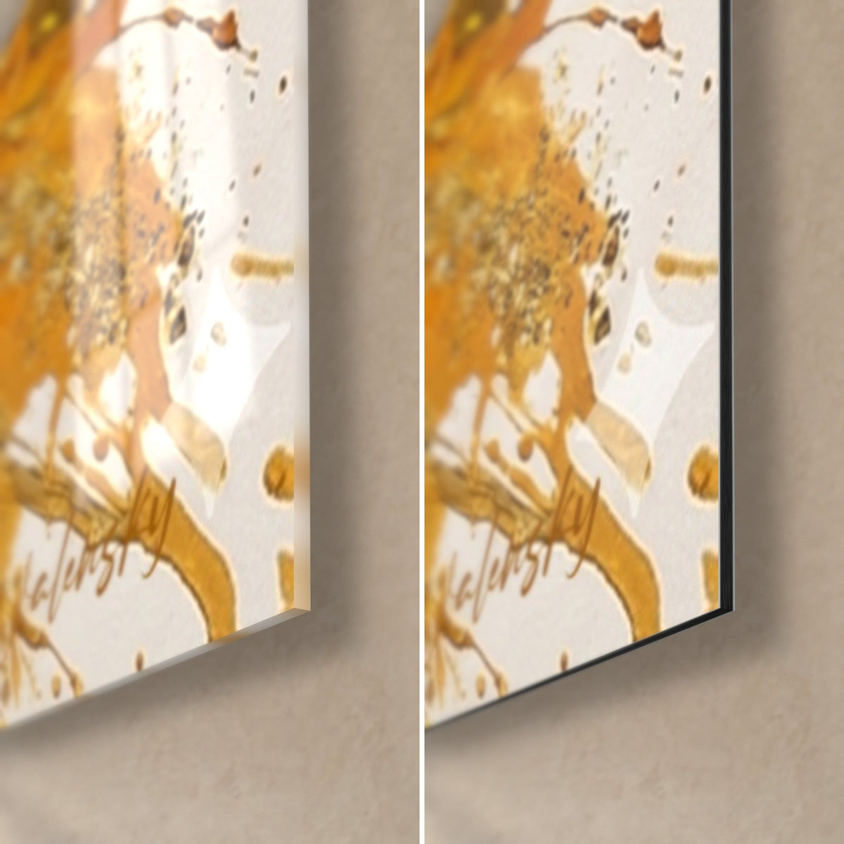 Tableau tête de Bouddha dorée, coin bas droit : verre brillant à gauche, alu Dibond mat blanc et ambre à droite, tranche 3 mm