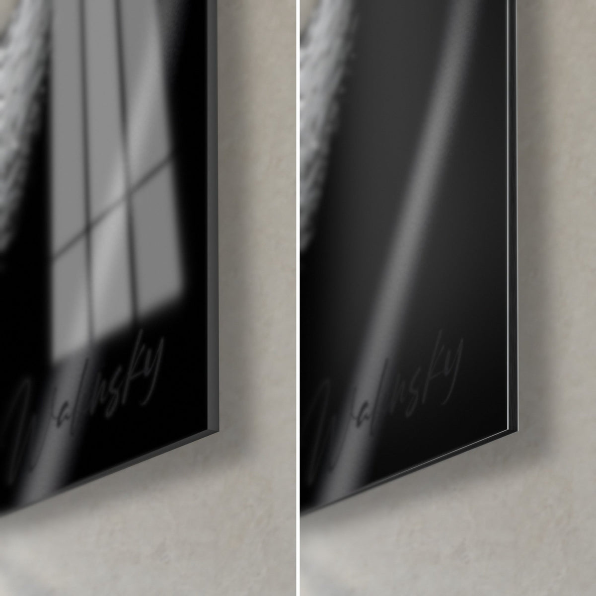 Tableau Bouddha noir et argent, coin bas droit en verre acrylique brillant et alu Dibond mat, tranche de 3 mm visible