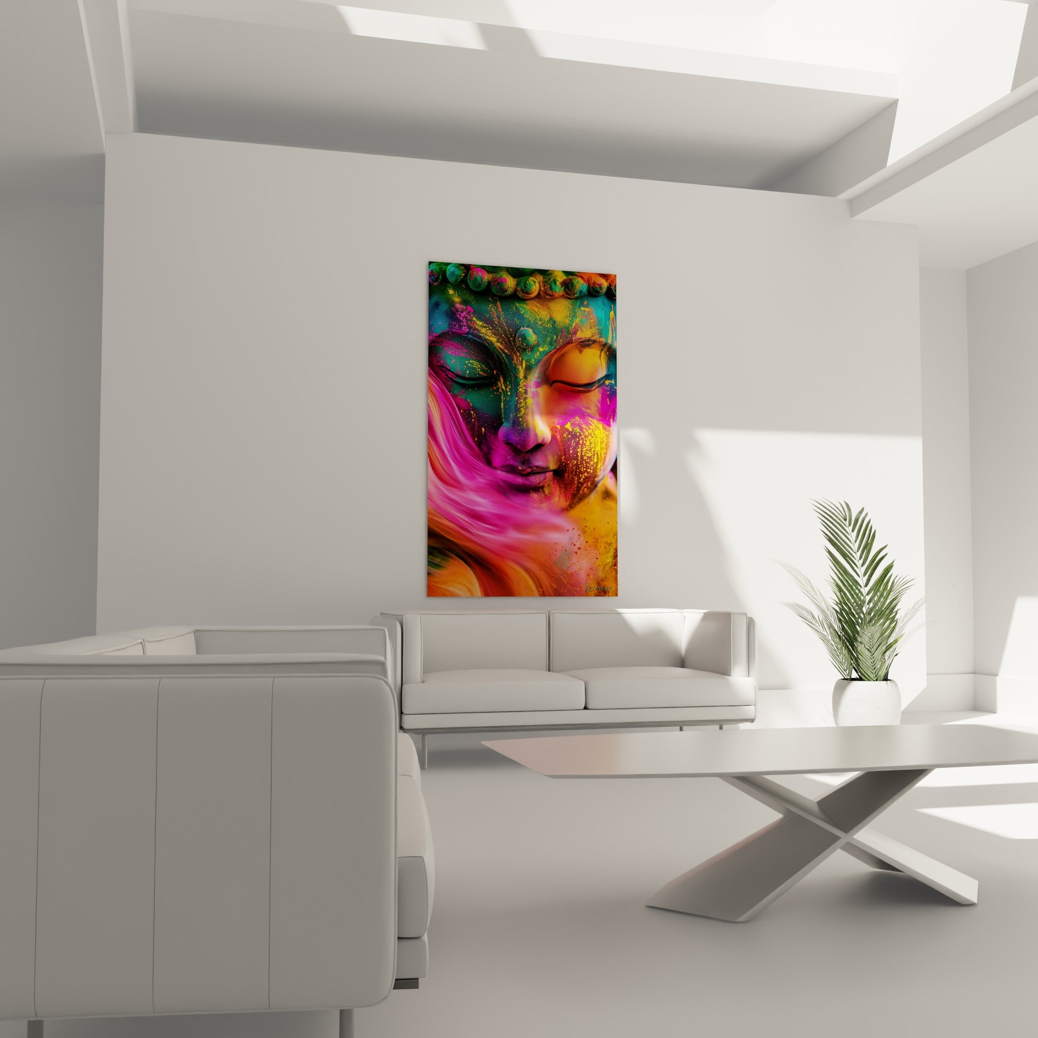 Visage bouddhique orangé et magenta strié de mèches fluides, au-dessus d'un canapé dans un salon lumineux