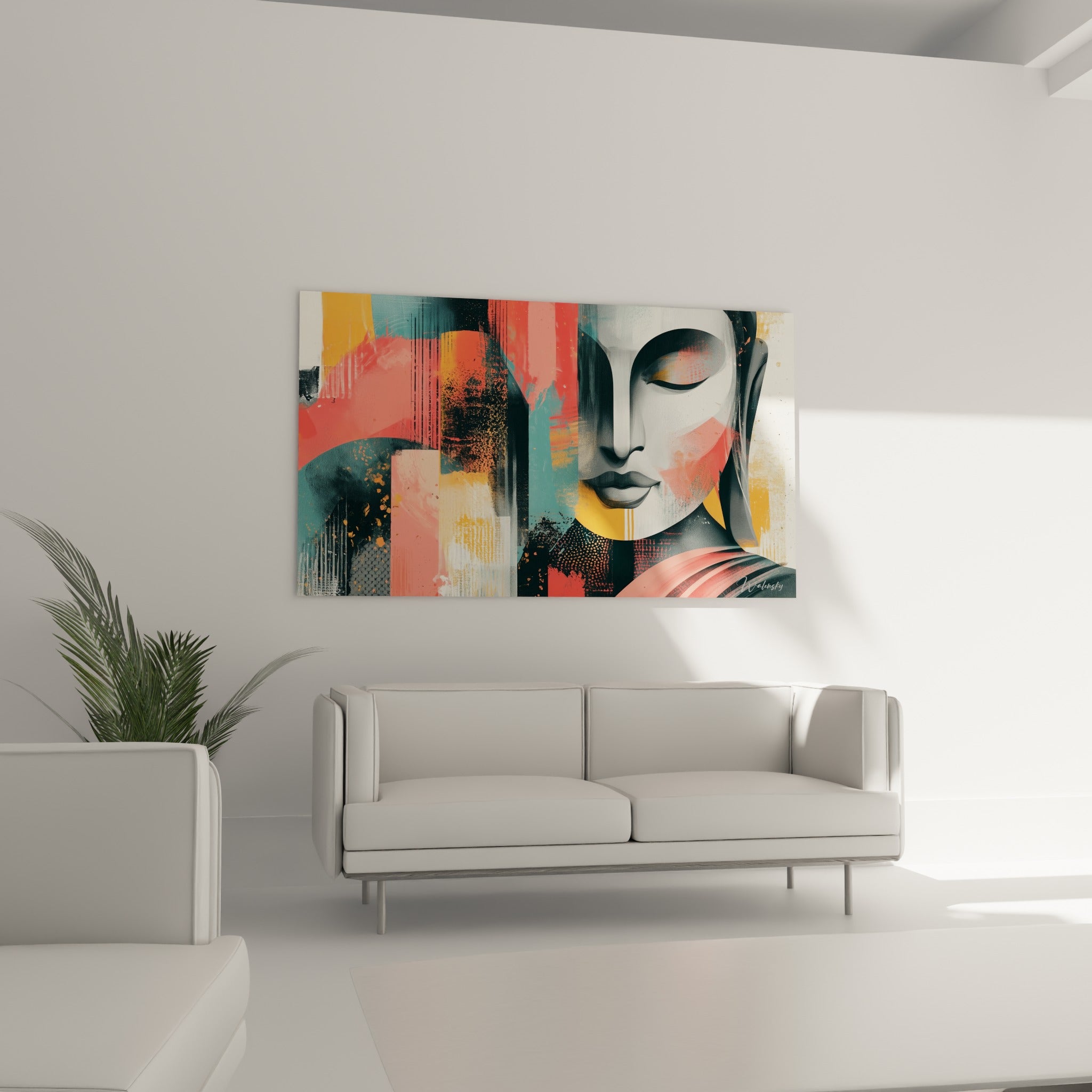 Bouddha méditatif aux teintes sarcelle et ocre doré au-dessus d'un canapé dans un salon lumineux