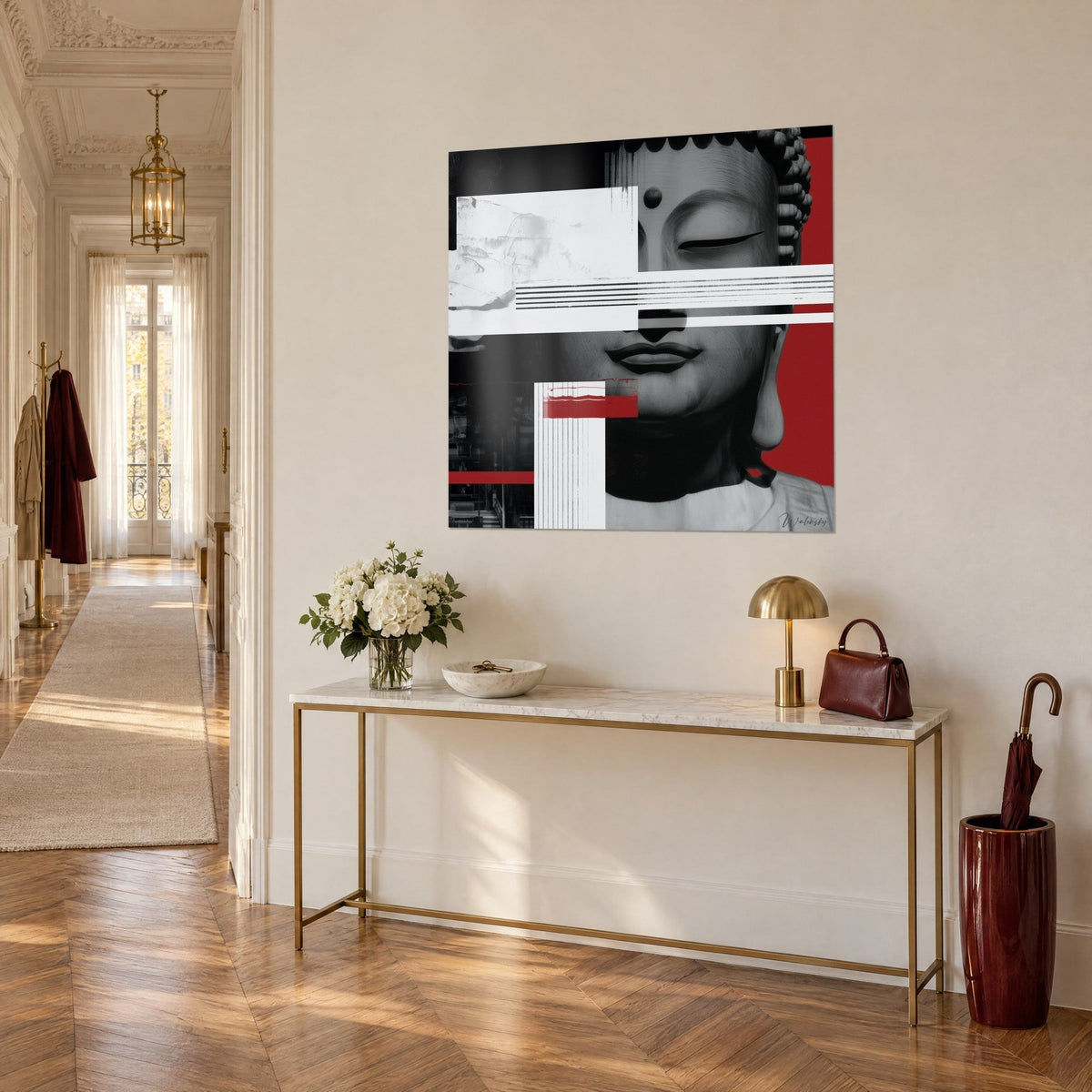Tableau effigie sereine aux paupières closes, fond rouge vif et noir, bandes blanches, vue de trois-quarts sur une console dorée