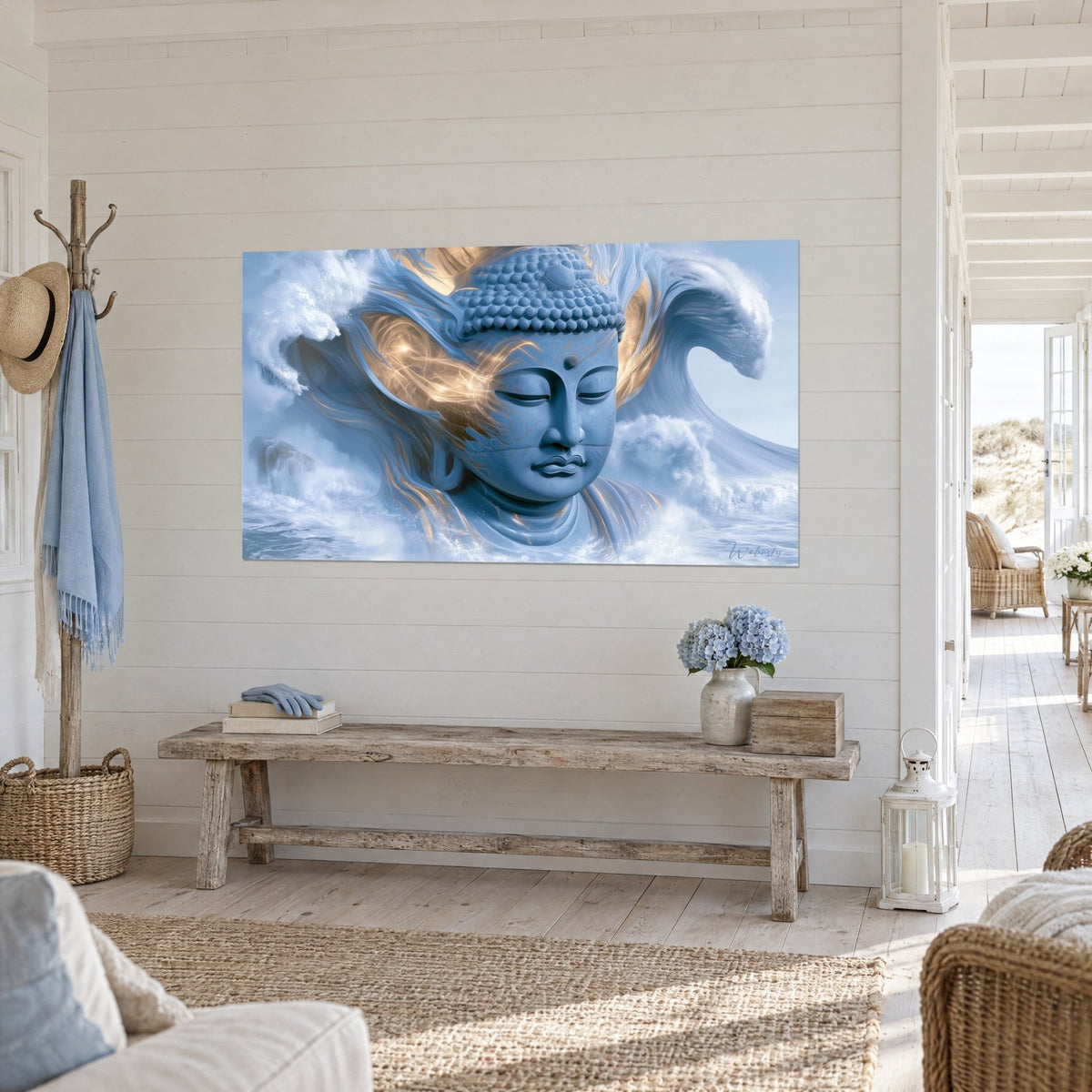 Tableau tête sereine aux paupières closes, bleu pervenche et or, face à une vague d'écume, maison de bord de mer