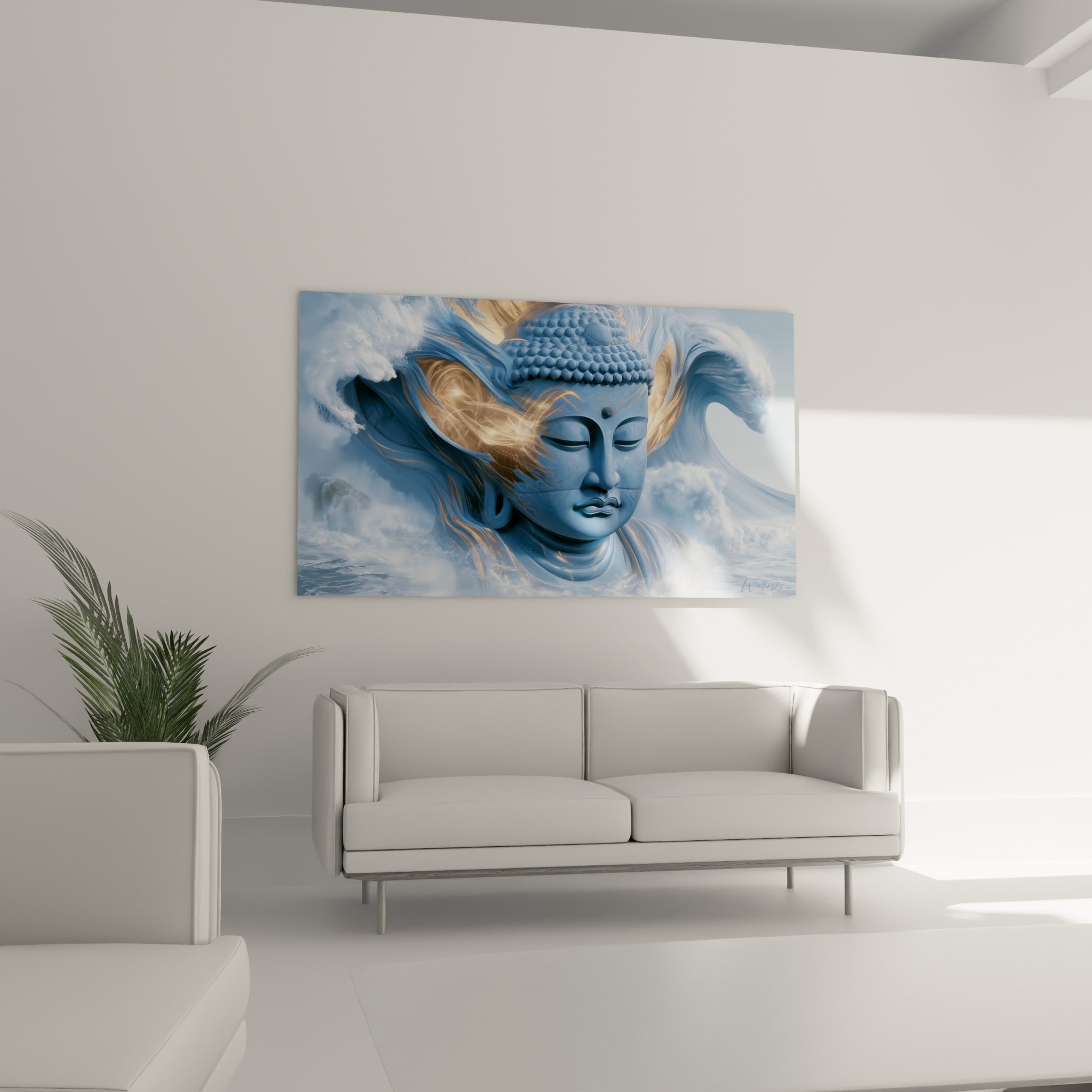 Statue de Bouddha bleu et or entourée d'écume au-dessus d'un canapé dans un salon lumineux