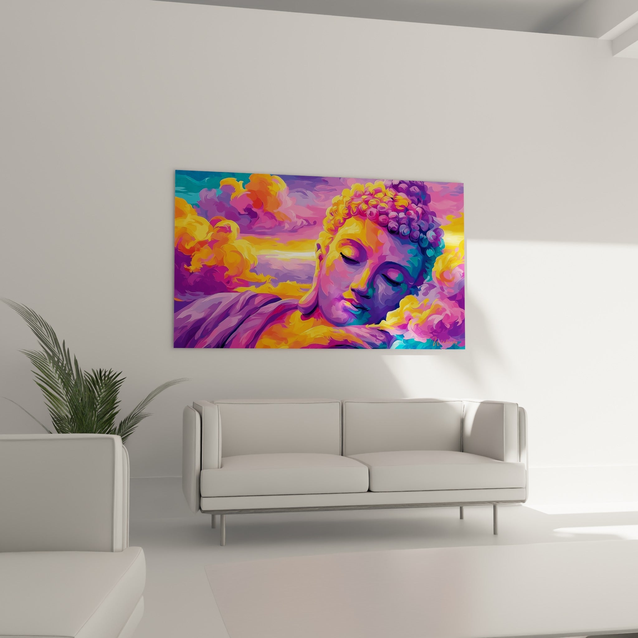 Visage méditatif de Bouddha aux teintes turquoise et fuchsia, disposé au-dessus d'un canapé dans un salon lumineux