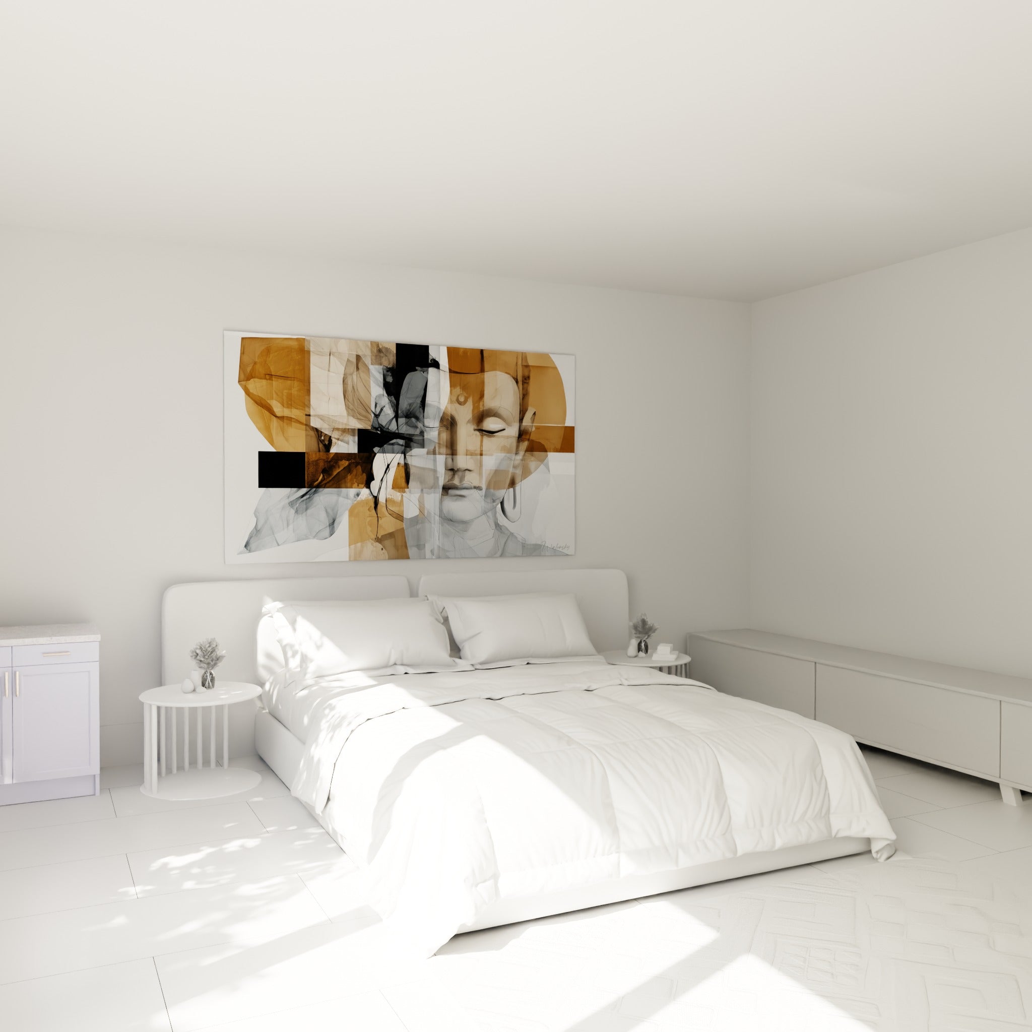 Sérénité du Bouddha ocre et anthracite accrochée au-dessus d'un lit dans une chambre claire