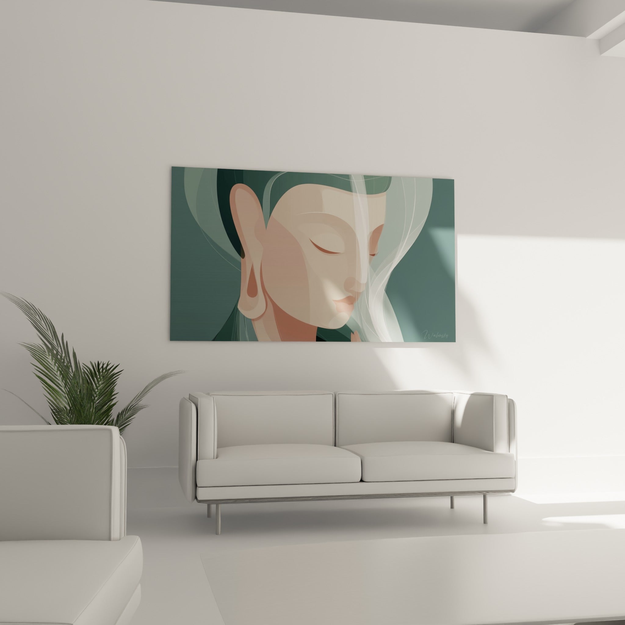 Méditation figée sur ce Bouddha vert sauge et beige rosé, placé au-dessus d'un canapé dans un salon lumineux