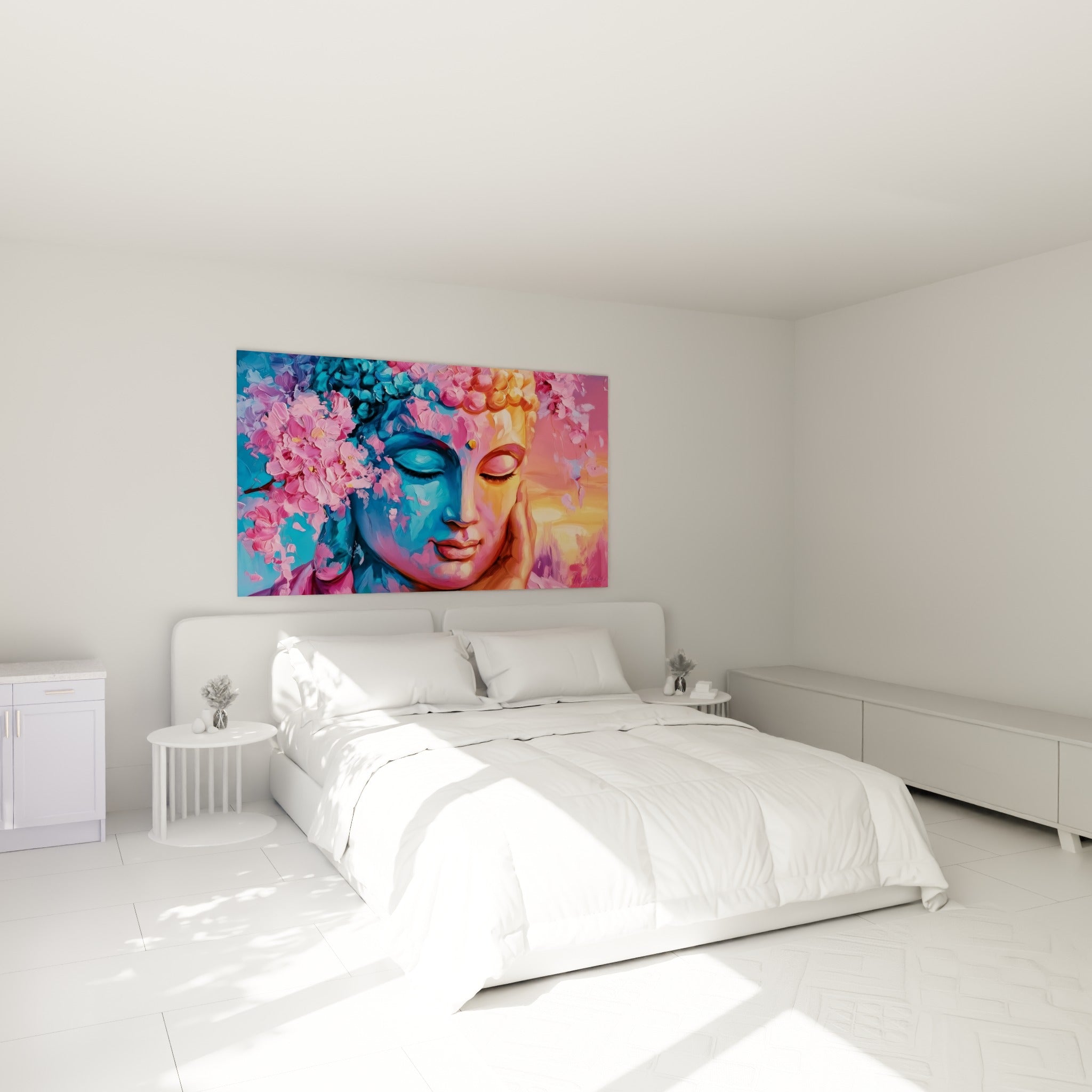 Visage de Bouddha bleu marine et orangé aux fleurs roses, au-dessus d'un lit dans une chambre claire