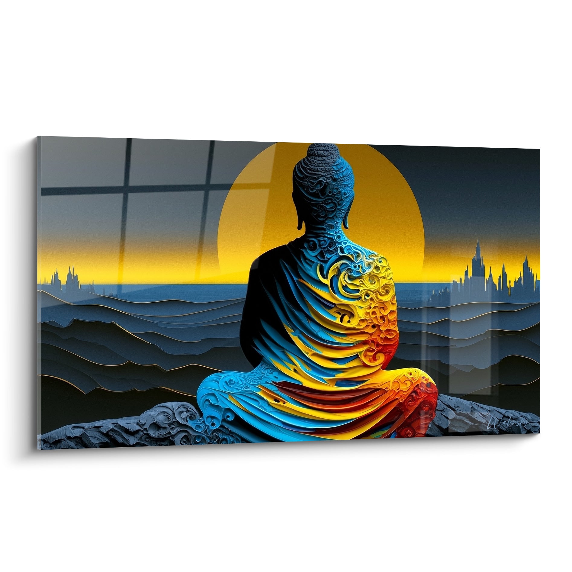 Bouddha assis en méditation, dos bleu marine et doré sculpté, face à un soleil ambré